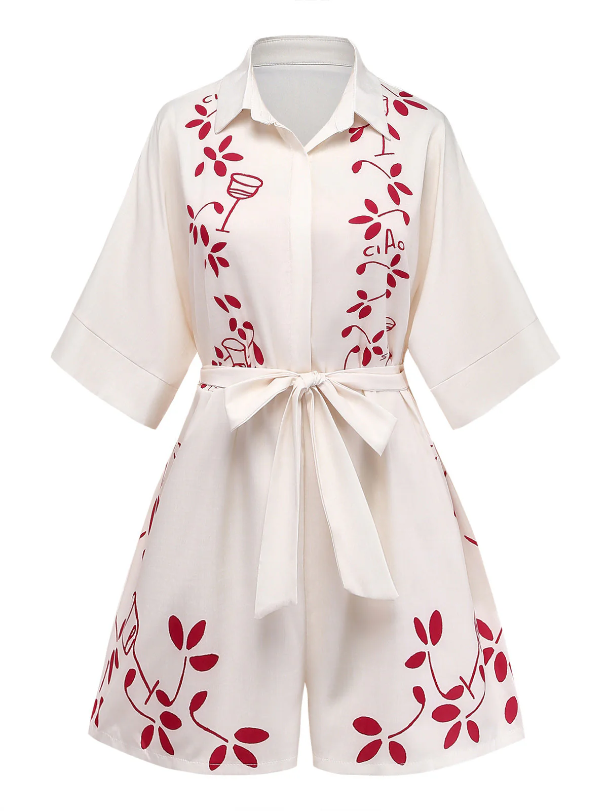 Beige 1950s Botanical Print Lapel Belted Romper - Image 2