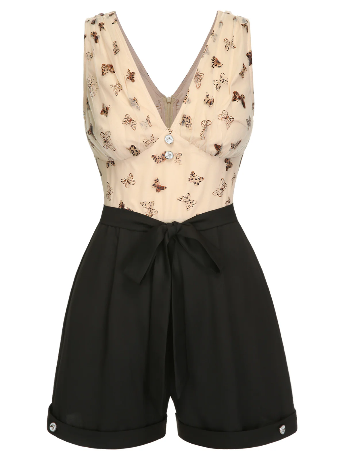 Beige 1950s Butterfly Mesh V-Neck Romper - Image 2
