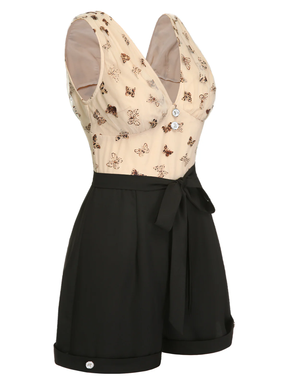 Beige 1950s Butterfly Mesh V-Neck Romper - Image 3