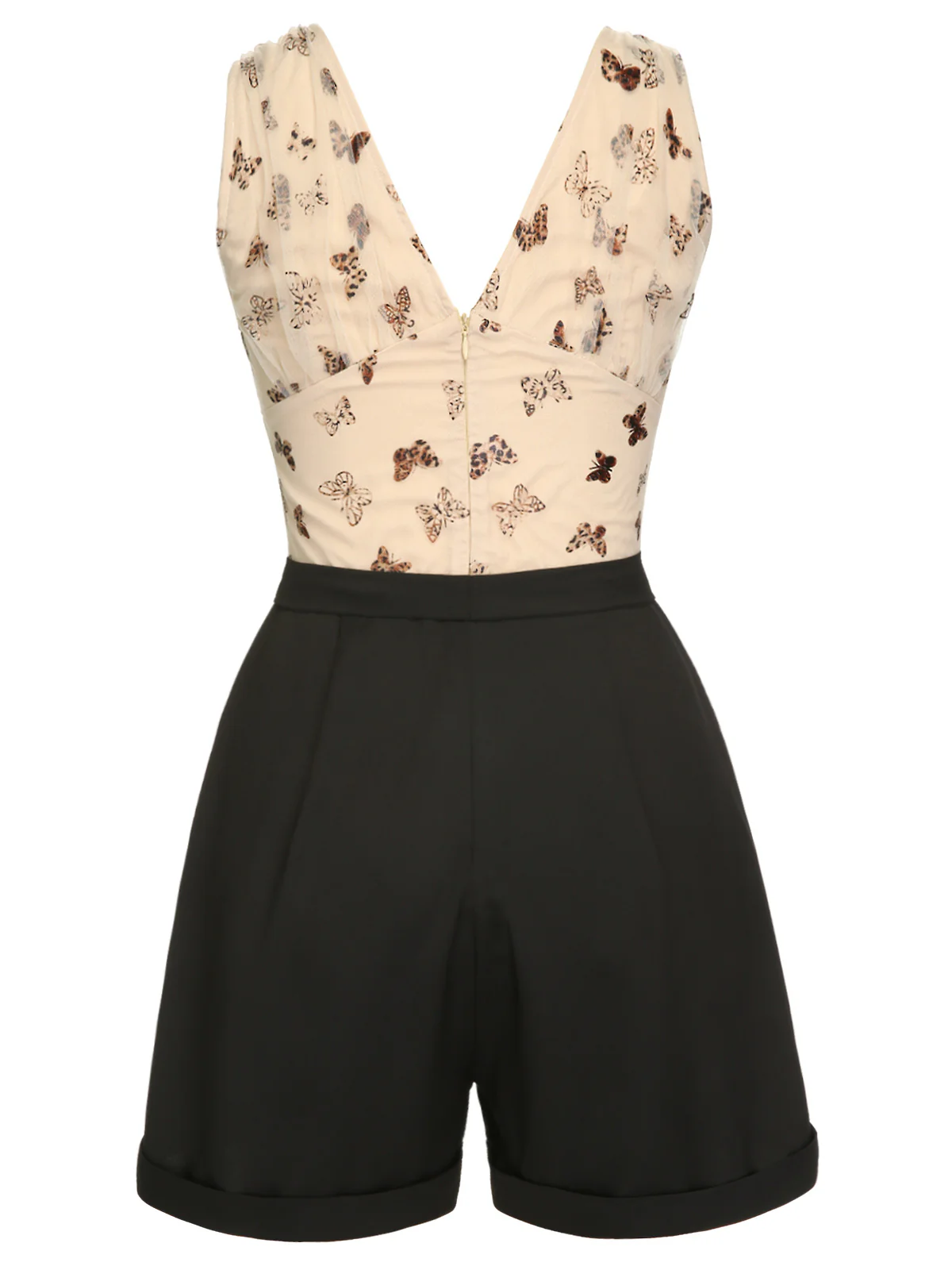 Beige 1950s Butterfly Mesh V-Neck Romper - Image 4