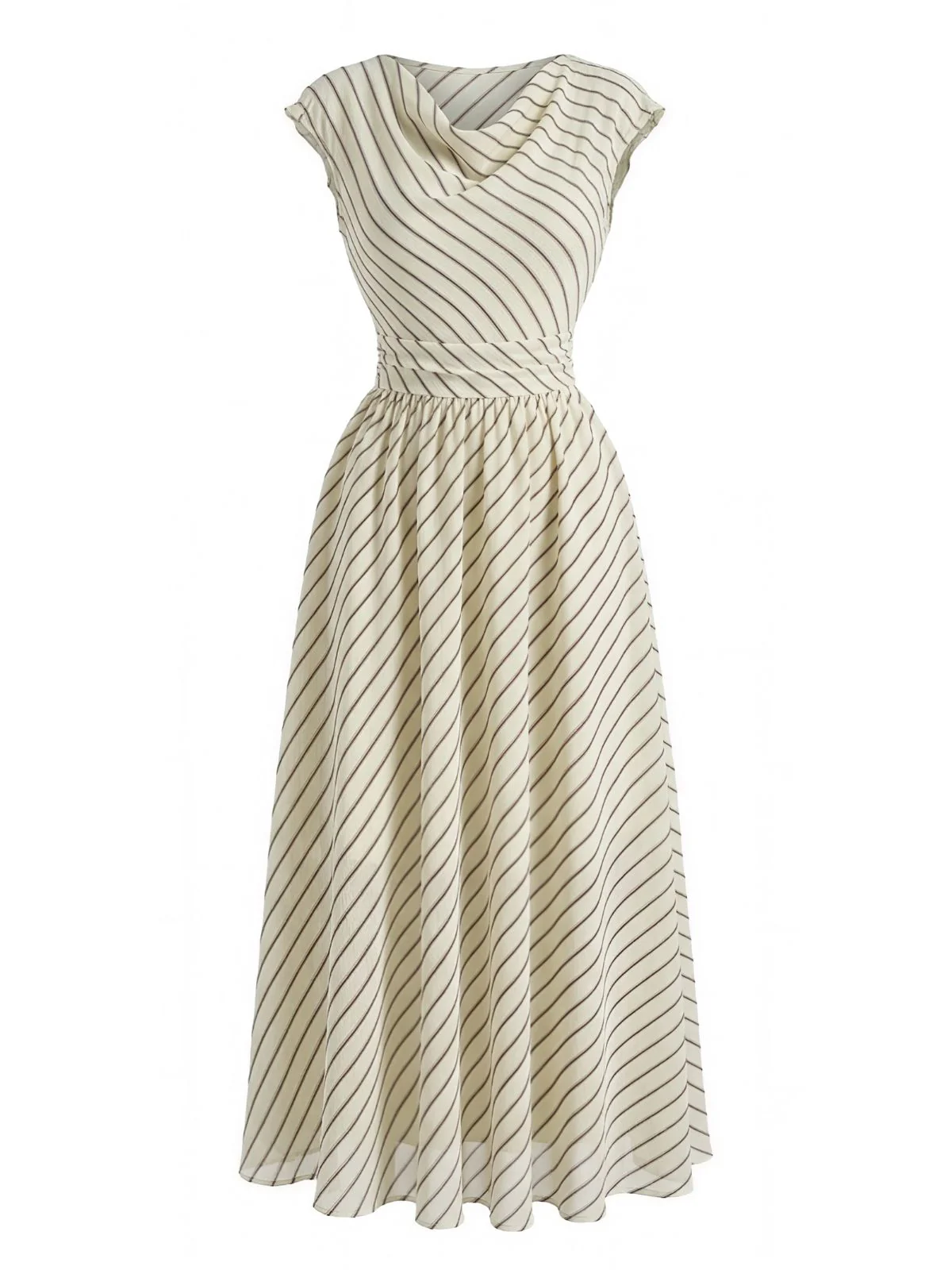 Beige 1950s Chiffon Striped Cowl Neck Swing Dress - Image 2