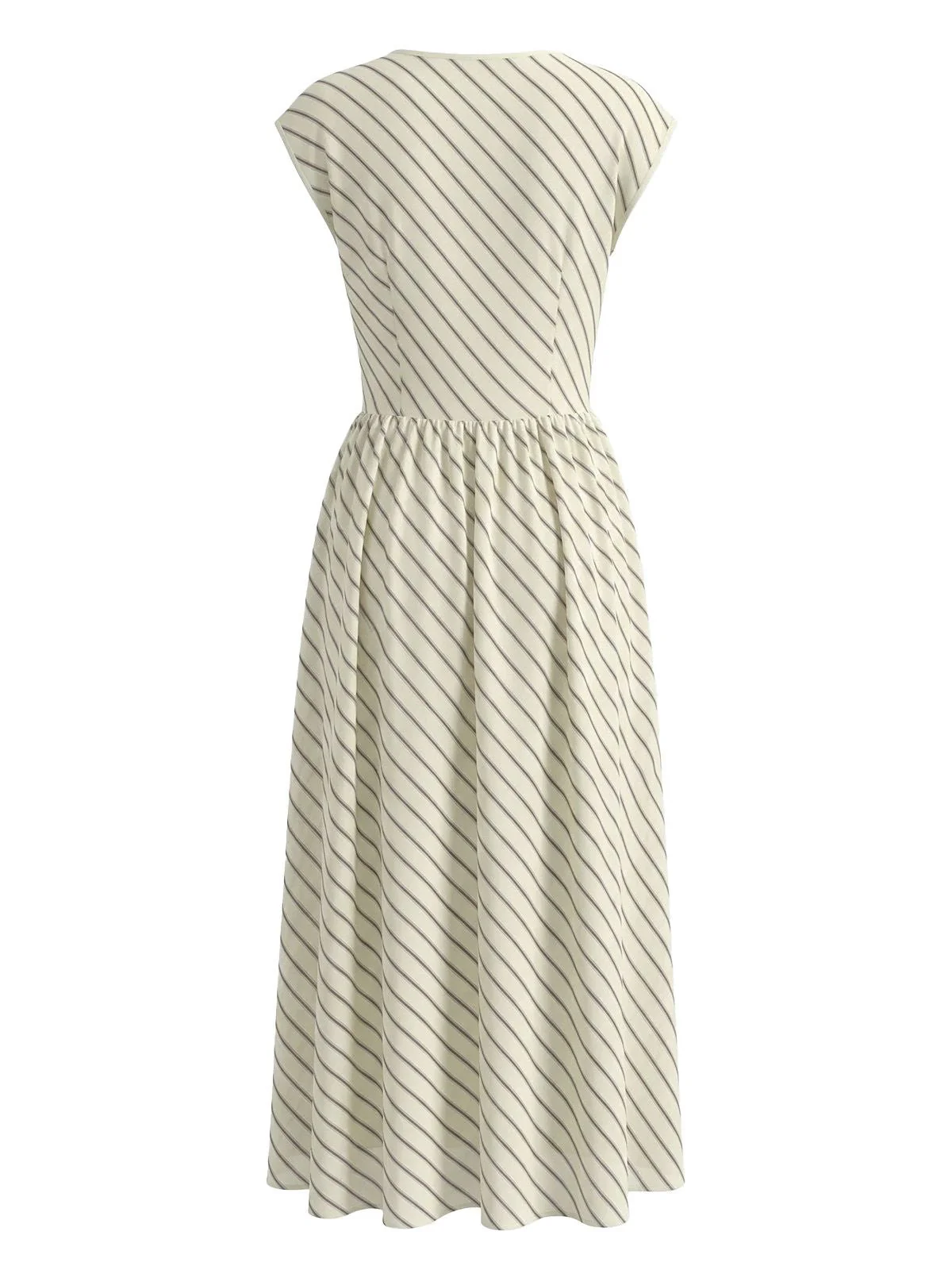 Beige 1950s Chiffon Striped Cowl Neck Swing Dress - Image 3