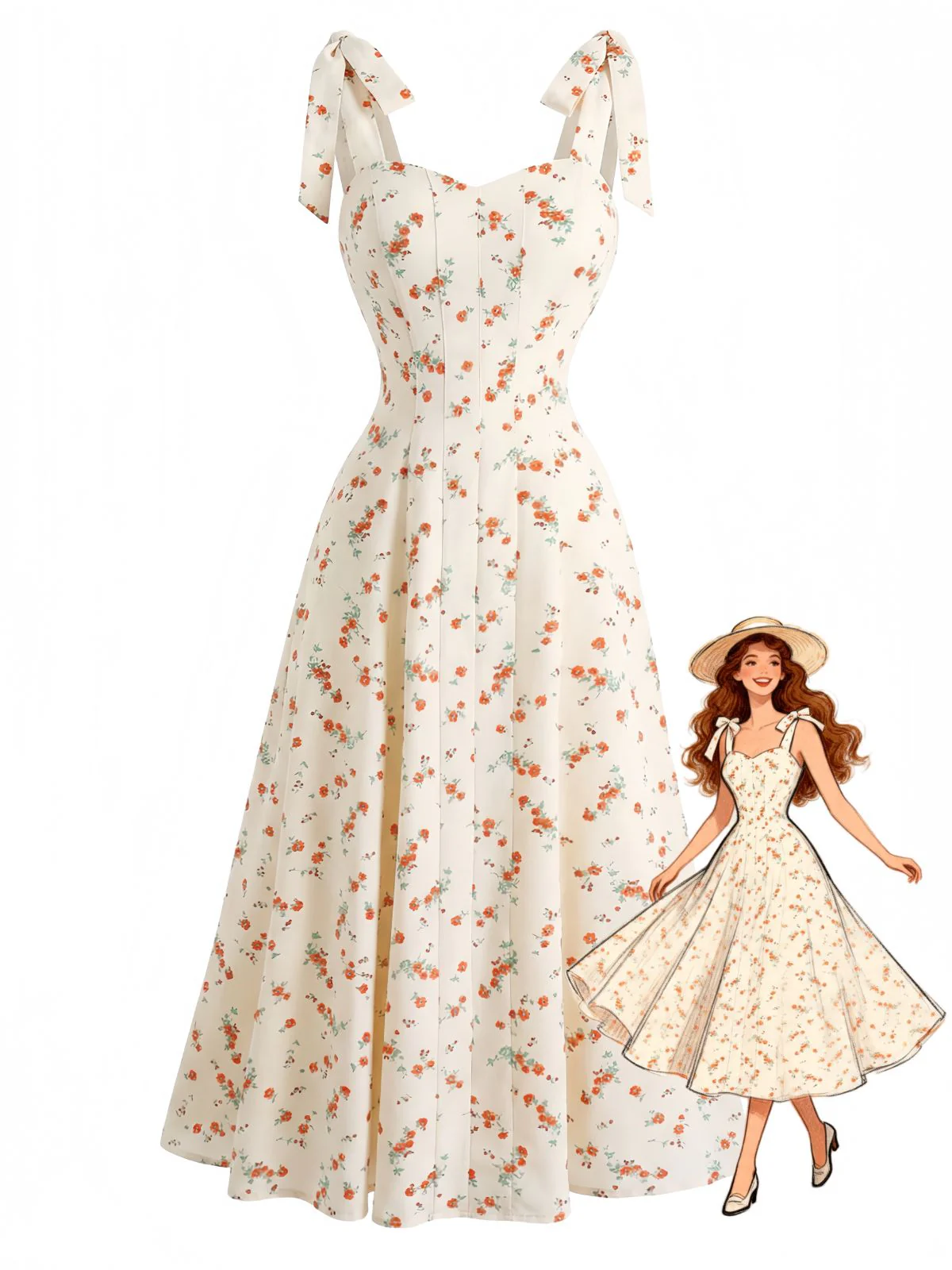 Beige 1950s Ditsy Floral Tie Strap Sweetheart Neck Dress