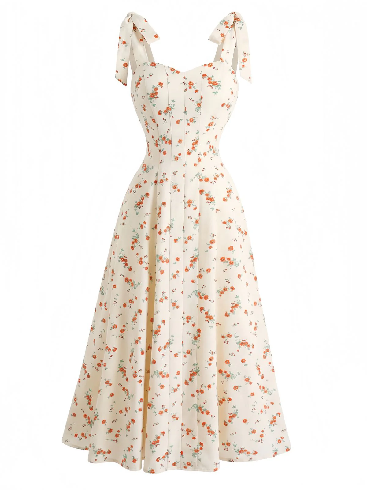 Beige 1950s Ditsy Floral Tie Strap Sweetheart Neck Dress - Image 2