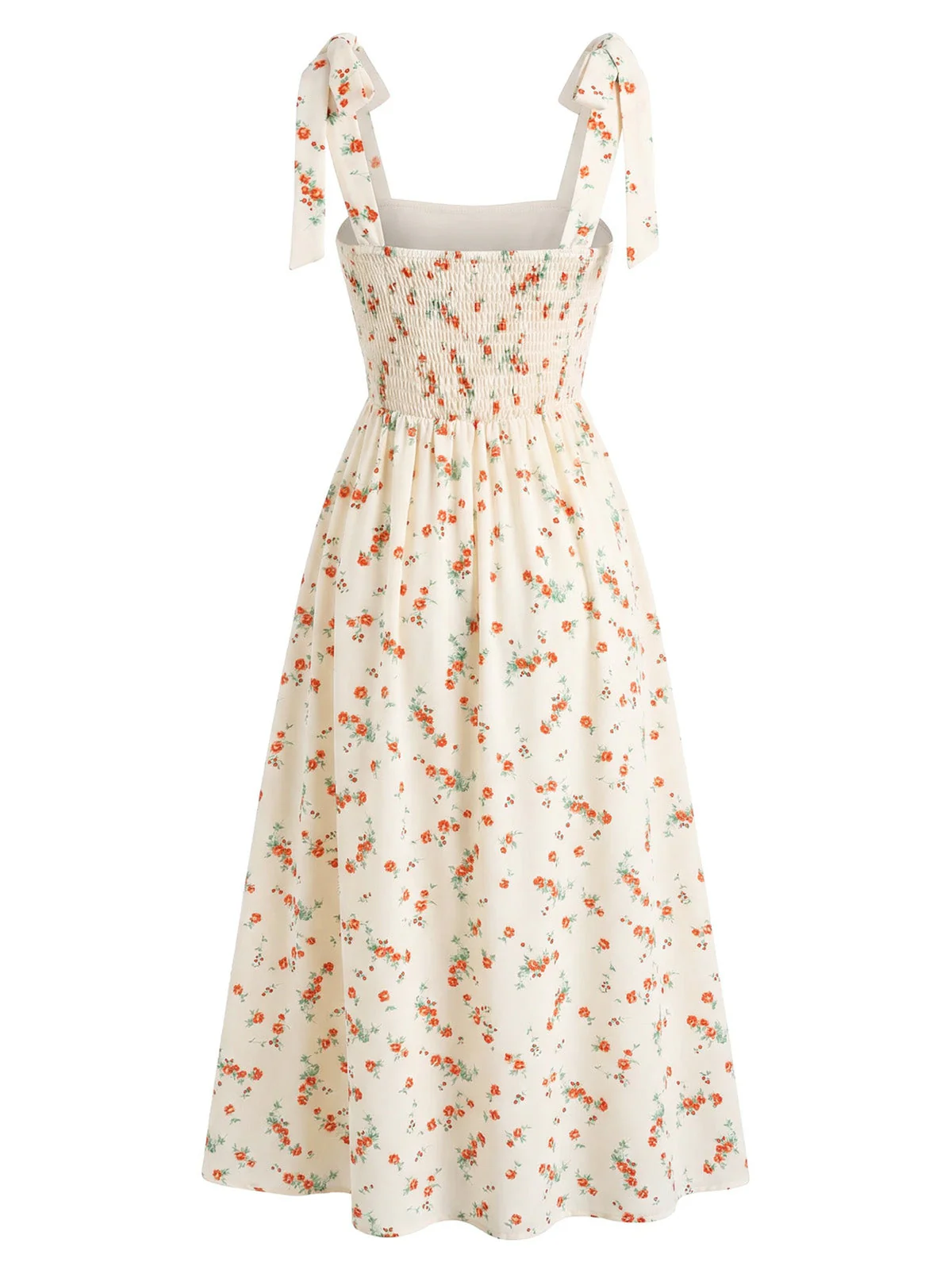 Beige 1950s Ditsy Floral Tie Strap Sweetheart Neck Dress - Image 3