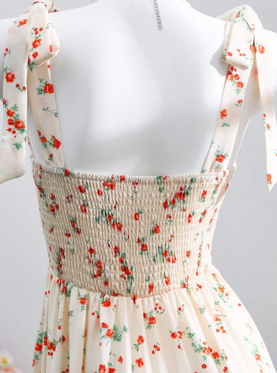 Beige 1950s Ditsy Floral Tie Strap Sweetheart Neck Dress - Image 6
