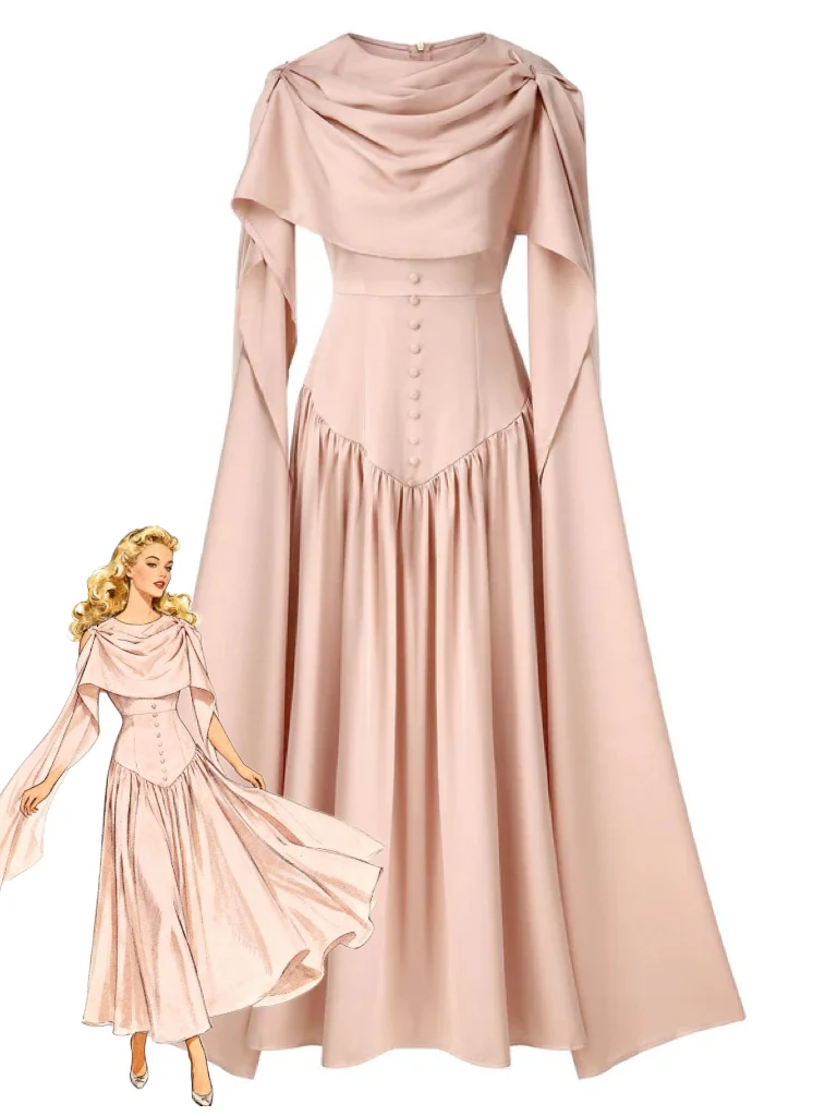 Beige 1950s Draped Renaissance Long Sleeve Maxi Dress - Image 2