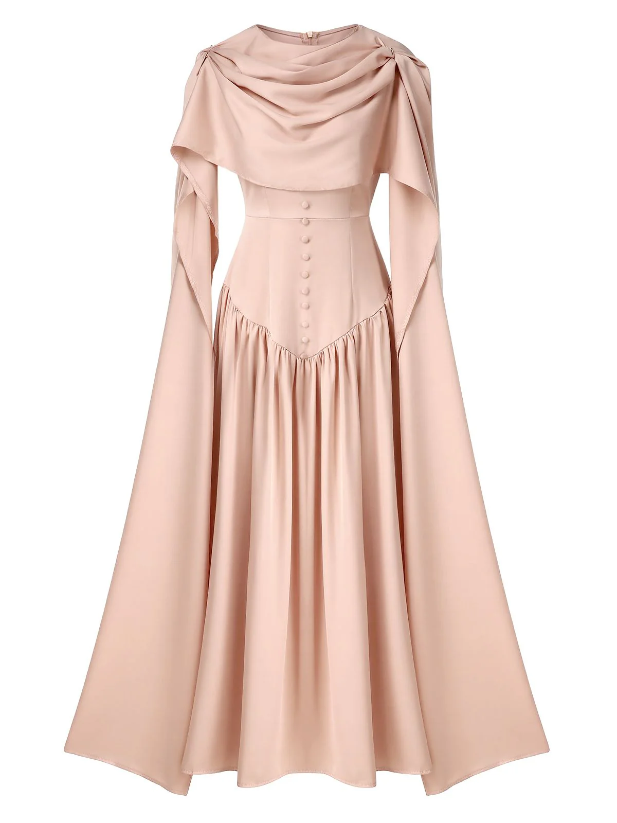 Beige 1950s Draped Renaissance Long Sleeve Maxi Dress - Image 3