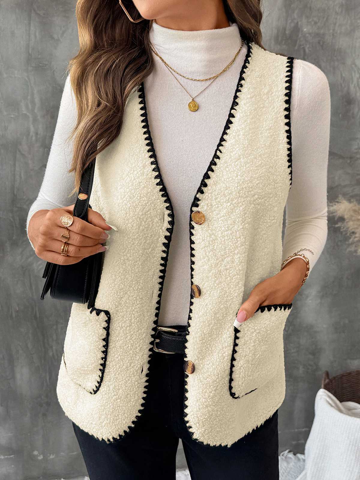 Beige 1950s Faux-Wool Binding Pocket Vest - Image 2
