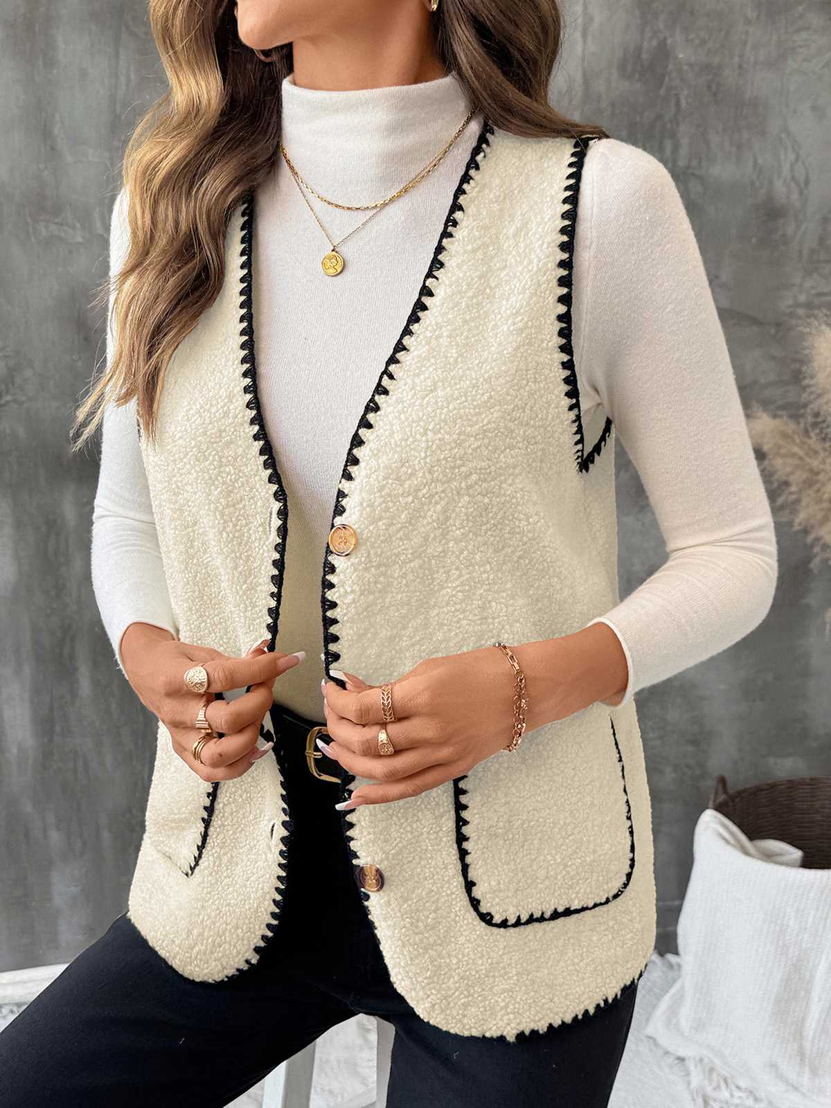 Beige 1950s Faux-Wool Binding Pocket Vest - Image 3