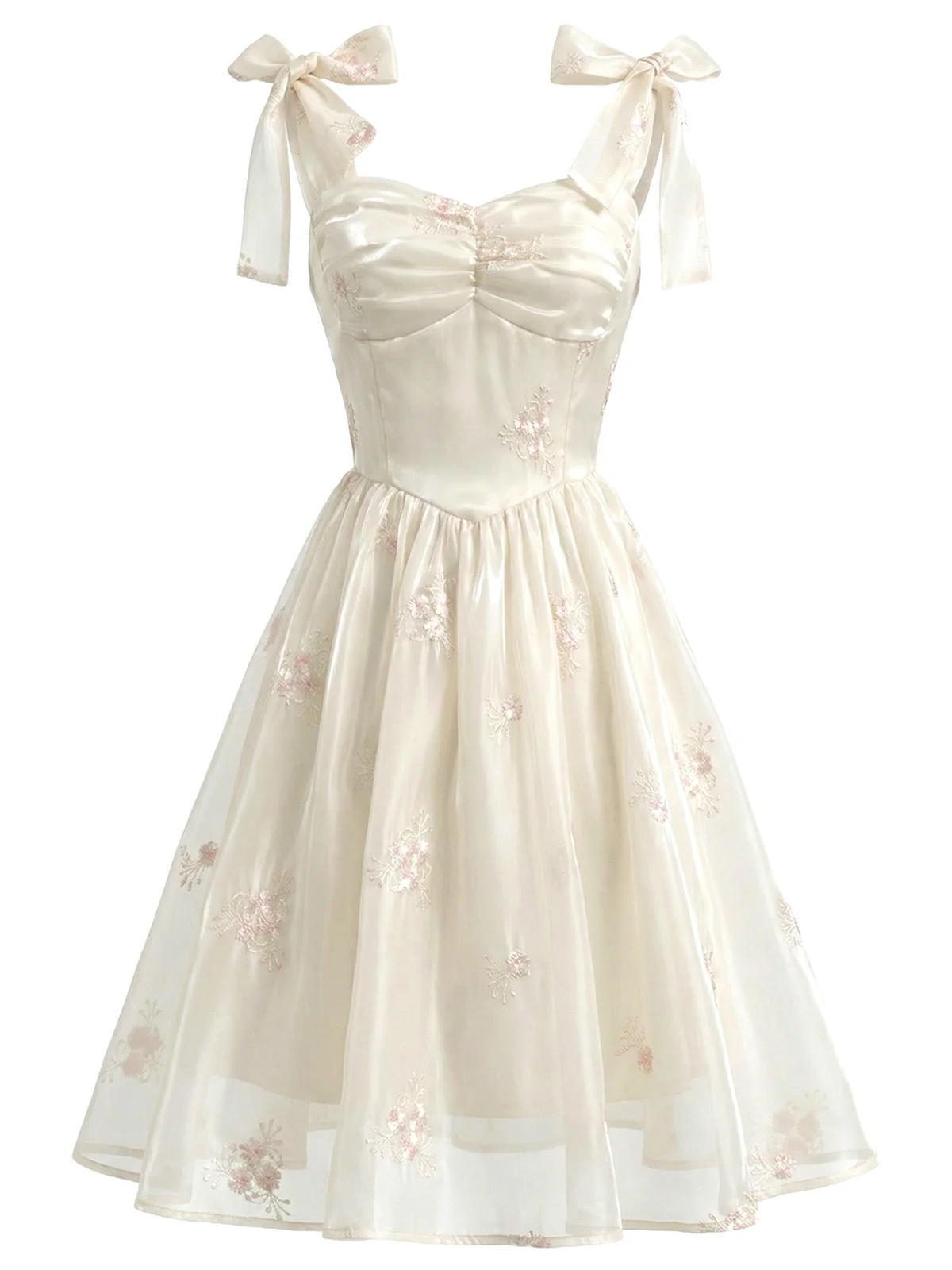 [Pre-Sale] Beige 1950s Floral Embroidered Satin Tie-Strap Corset Dress - Image 2