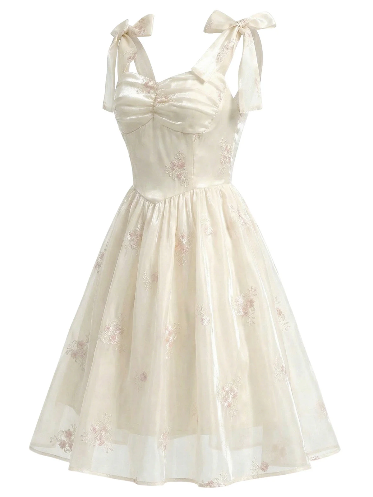 [Pre-Sale] Beige 1950s Floral Embroidered Satin Tie-Strap Corset Dress - Image 3