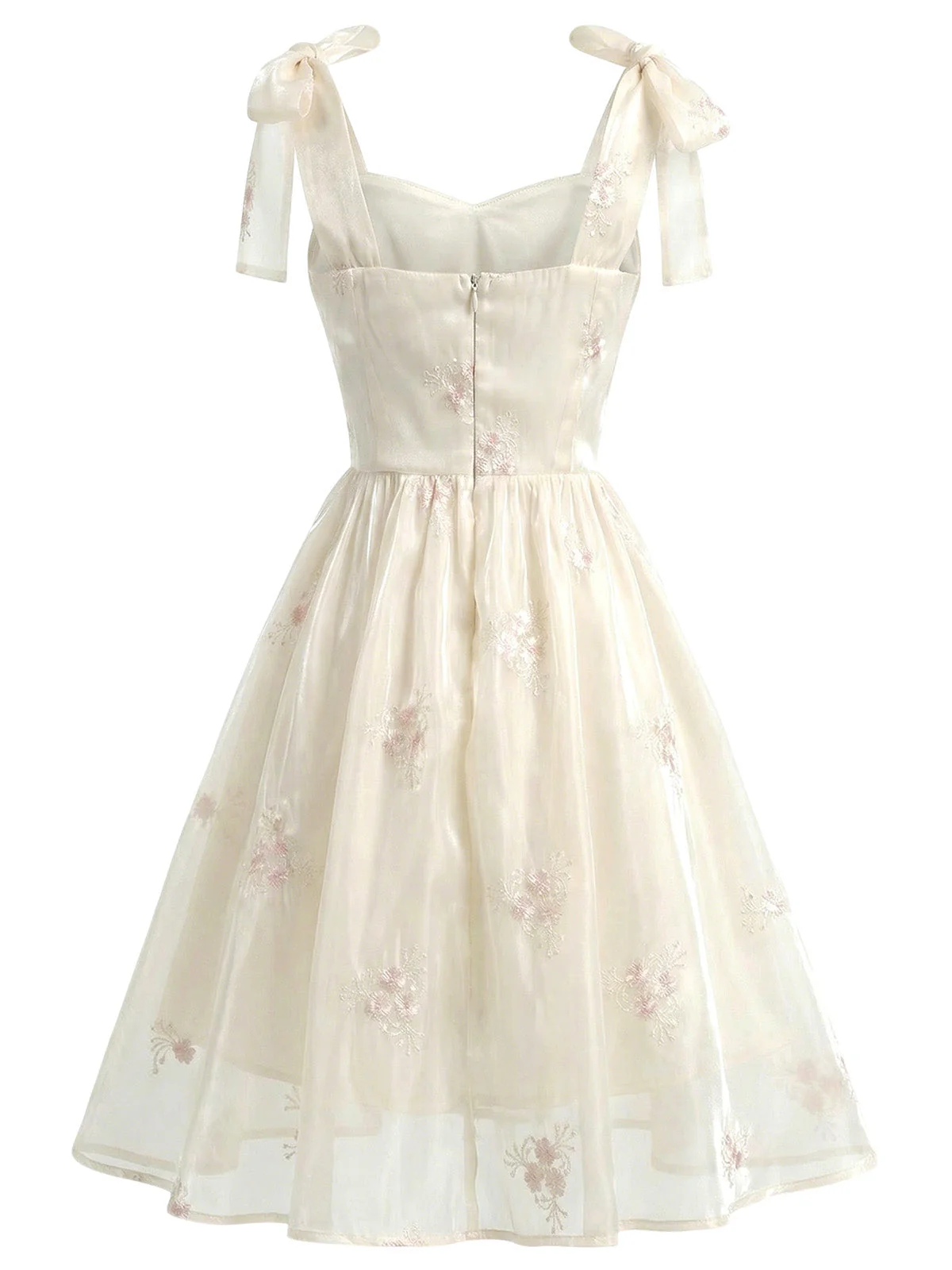 [Pre-Sale] Beige 1950s Floral Embroidered Satin Tie-Strap Corset Dress - Image 4