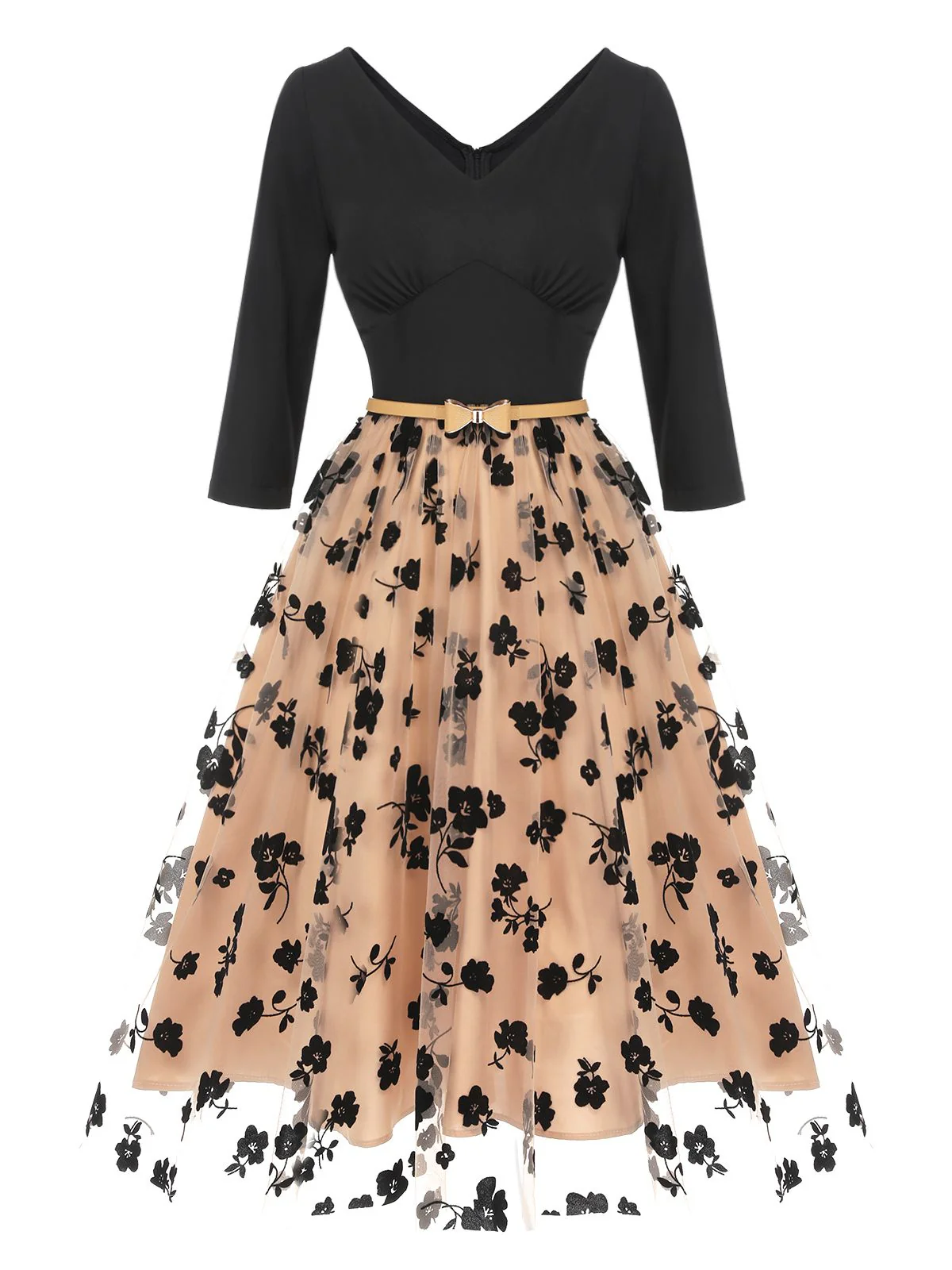 Beige 1950s Floral Mesh Patchwork Belt Dress - Image 2