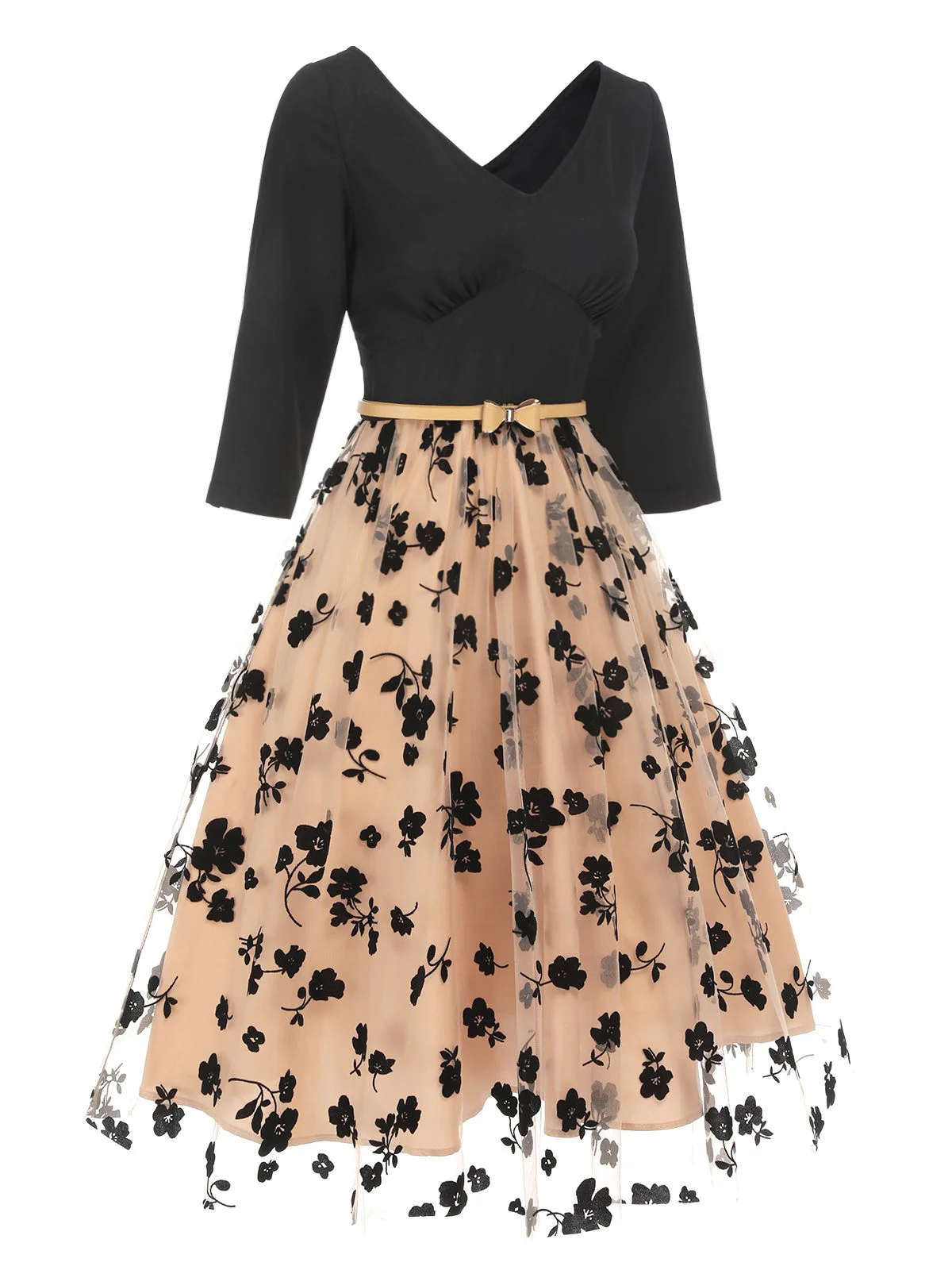 Beige 1950s Floral Mesh Patchwork Belt Dress - Image 3