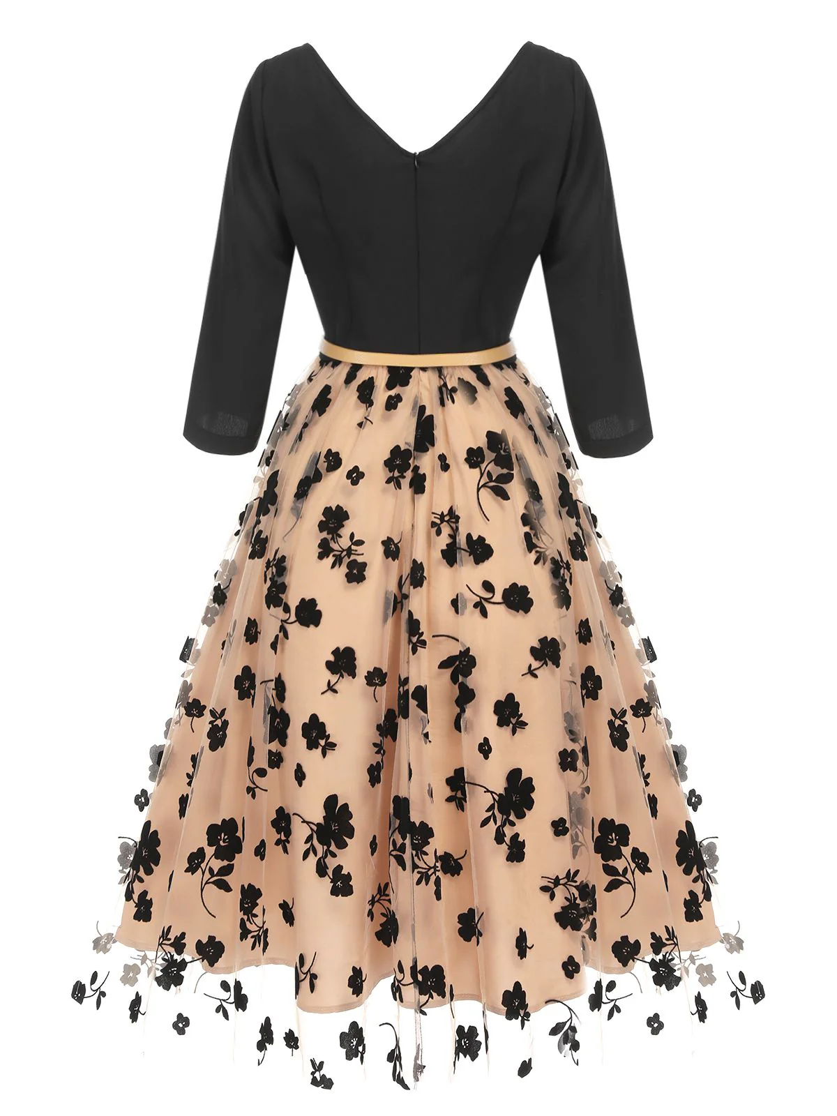 Beige 1950s Floral Mesh Patchwork Belt Dress - Image 4