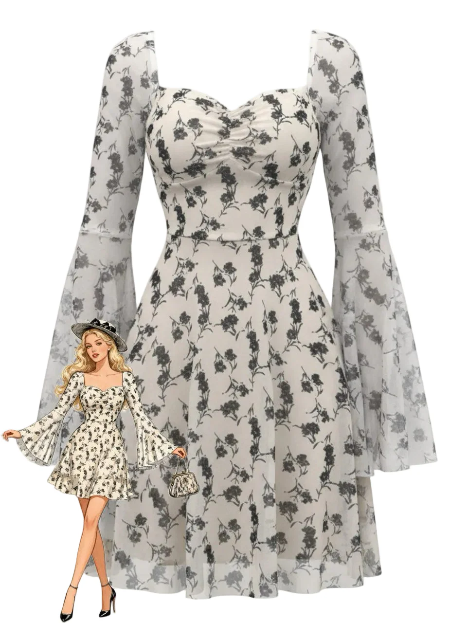 Beige 1950s Floral Sweetheart Mesh Bell-Sleeve Mini Dress