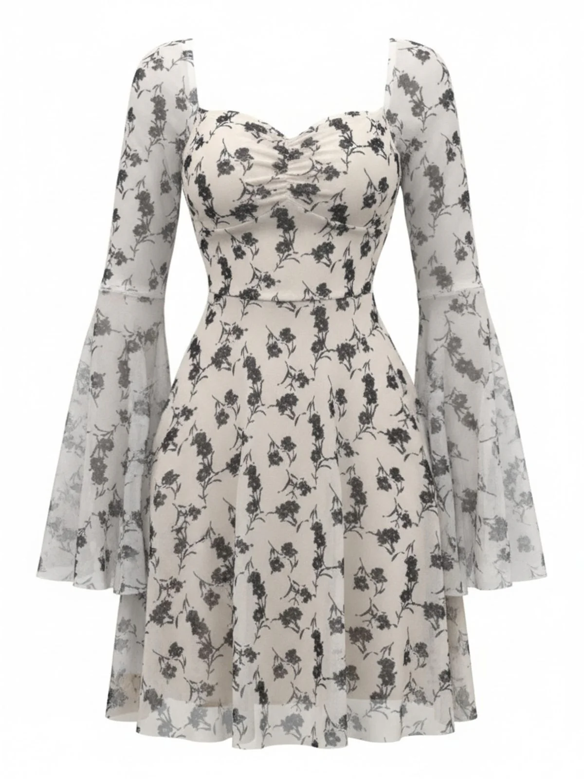 Beige 1950s Floral Sweetheart Mesh Bell-Sleeve Mini Dress - Image 2