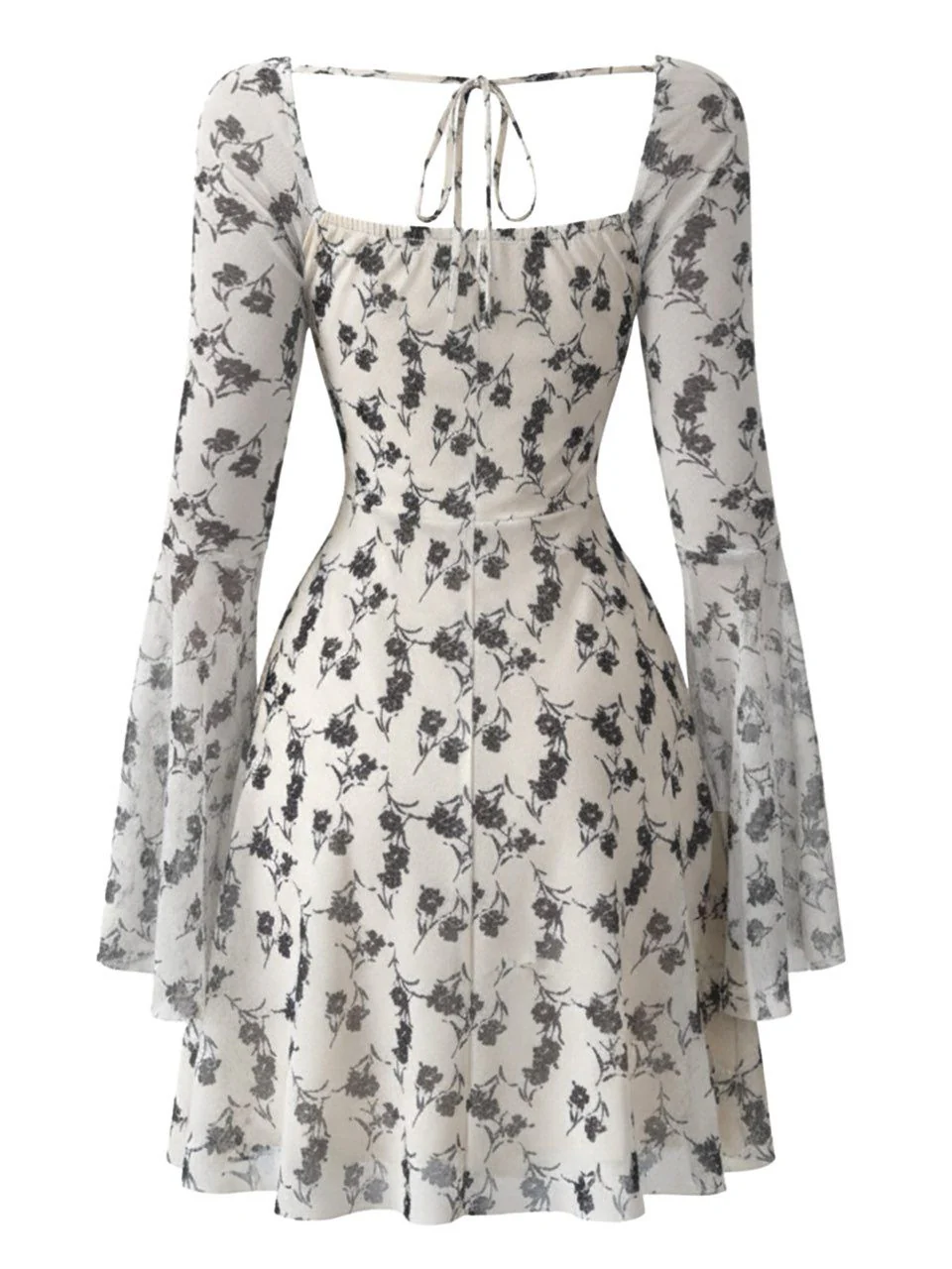 Beige 1950s Floral Sweetheart Mesh Bell-Sleeve Mini Dress - Image 3