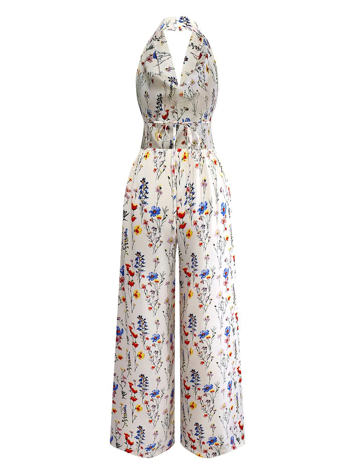 Beige 1950s Halter Floral Backless Jumpsuit - Image 2