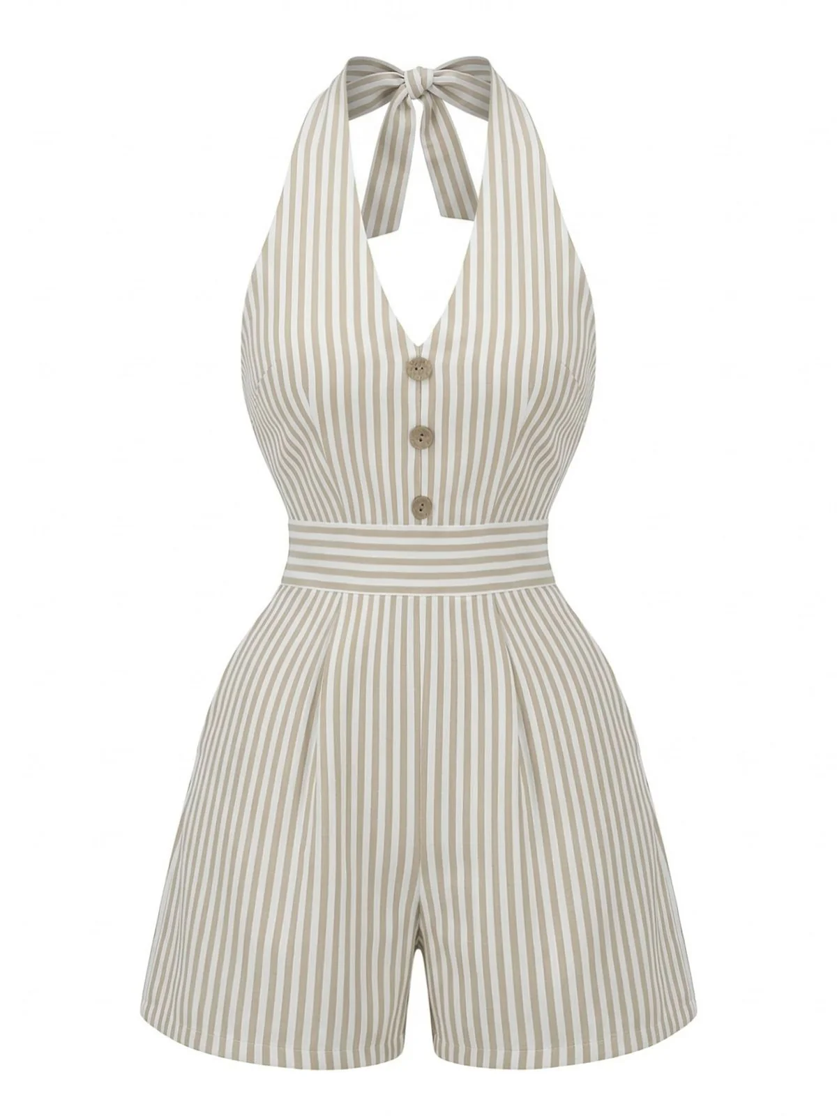 Beige 1950s Halter Striped Cinched Waist Romper - Image 7