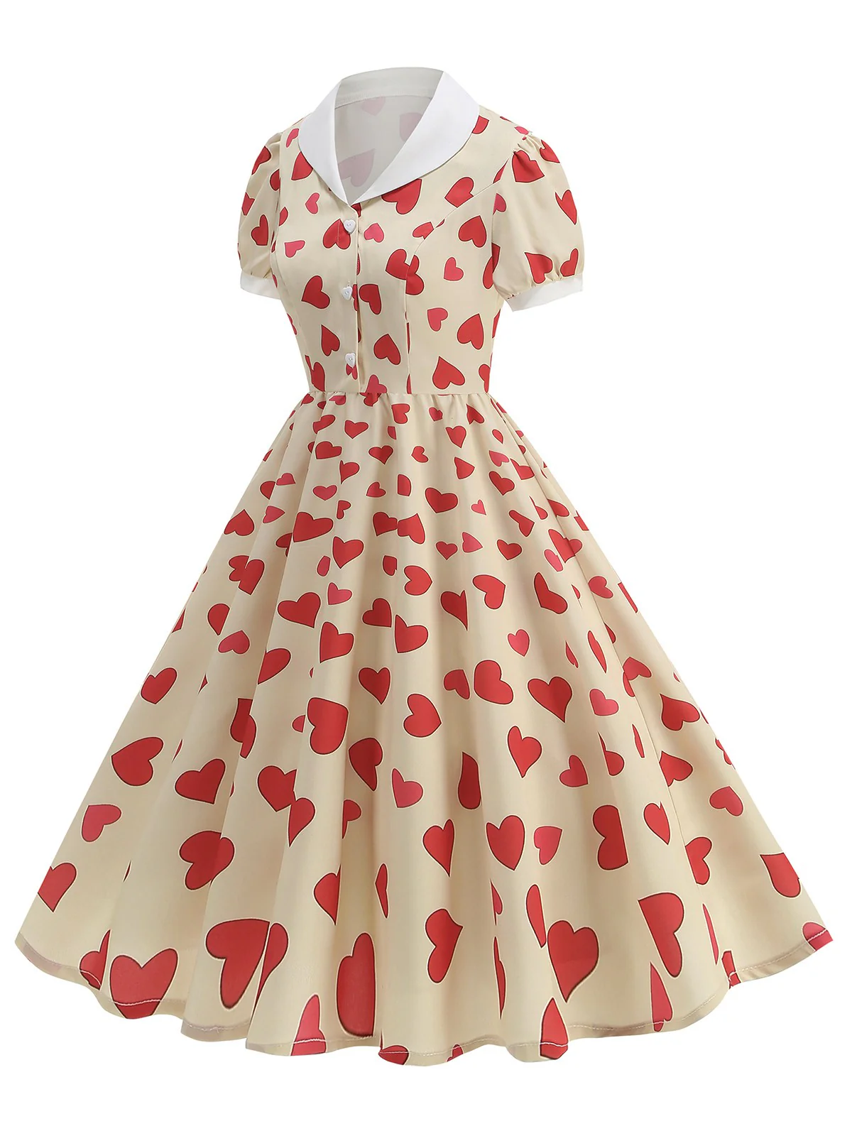 Beige 1950s Hearts Puff Sleeves Lapel Dress - Image 2