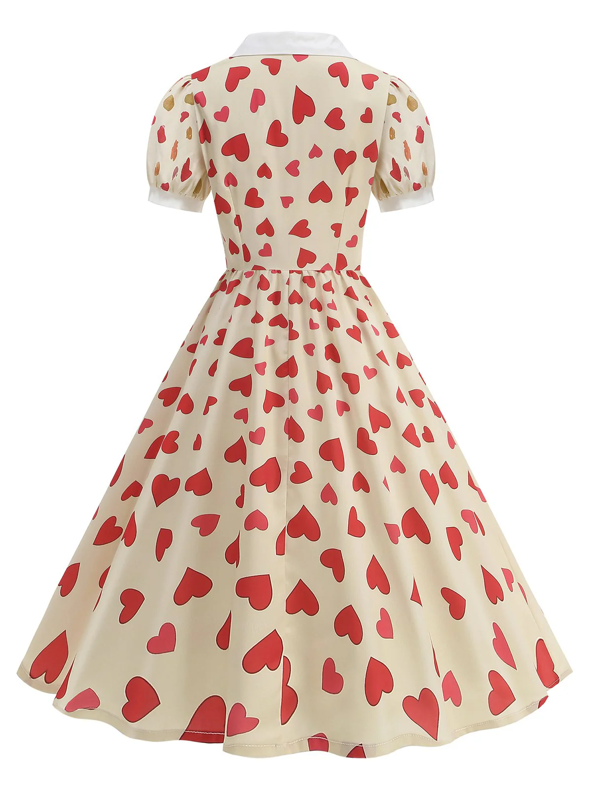 Beige 1950s Hearts Puff Sleeves Lapel Dress - Image 3