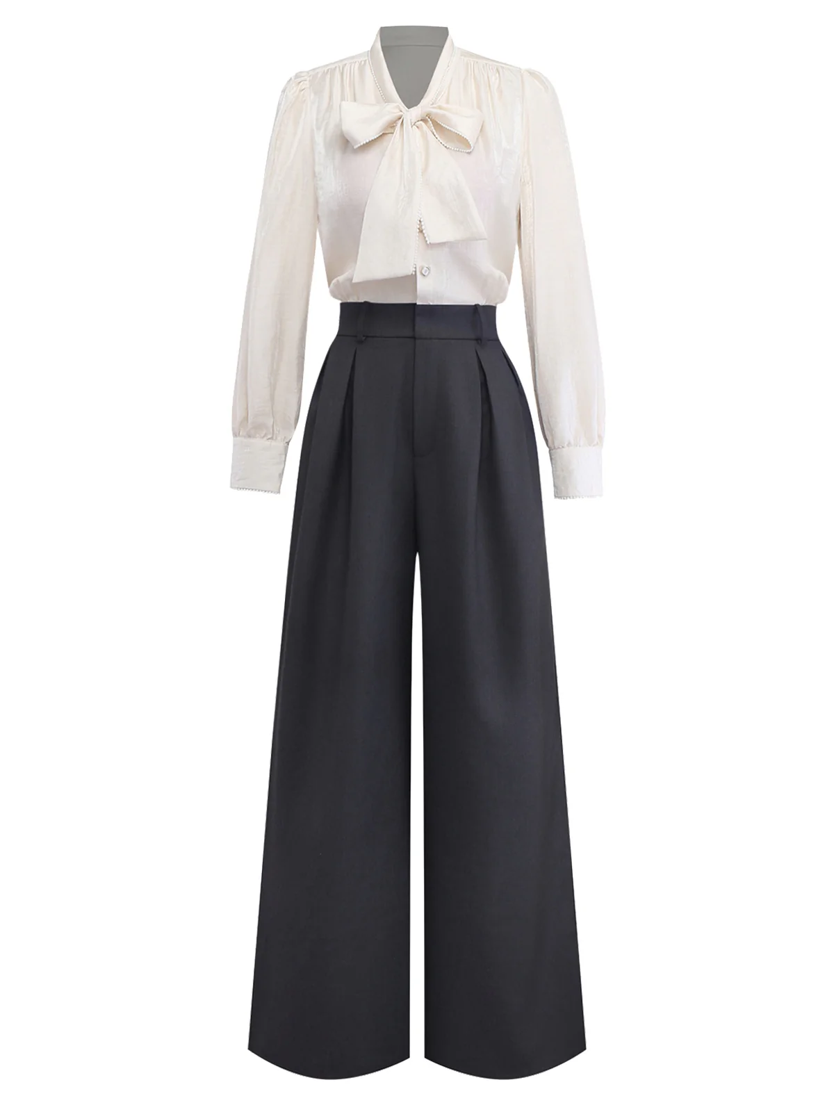 Beige 1950s Pearl Trimmed Bow Tie-Neck Jumpsuit - Image 2