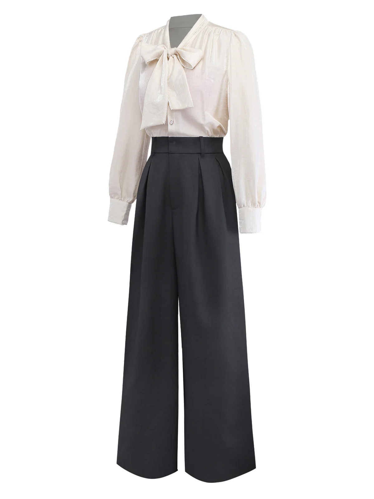 Beige 1950s Pearl Trimmed Bow Tie-Neck Jumpsuit - Image 3