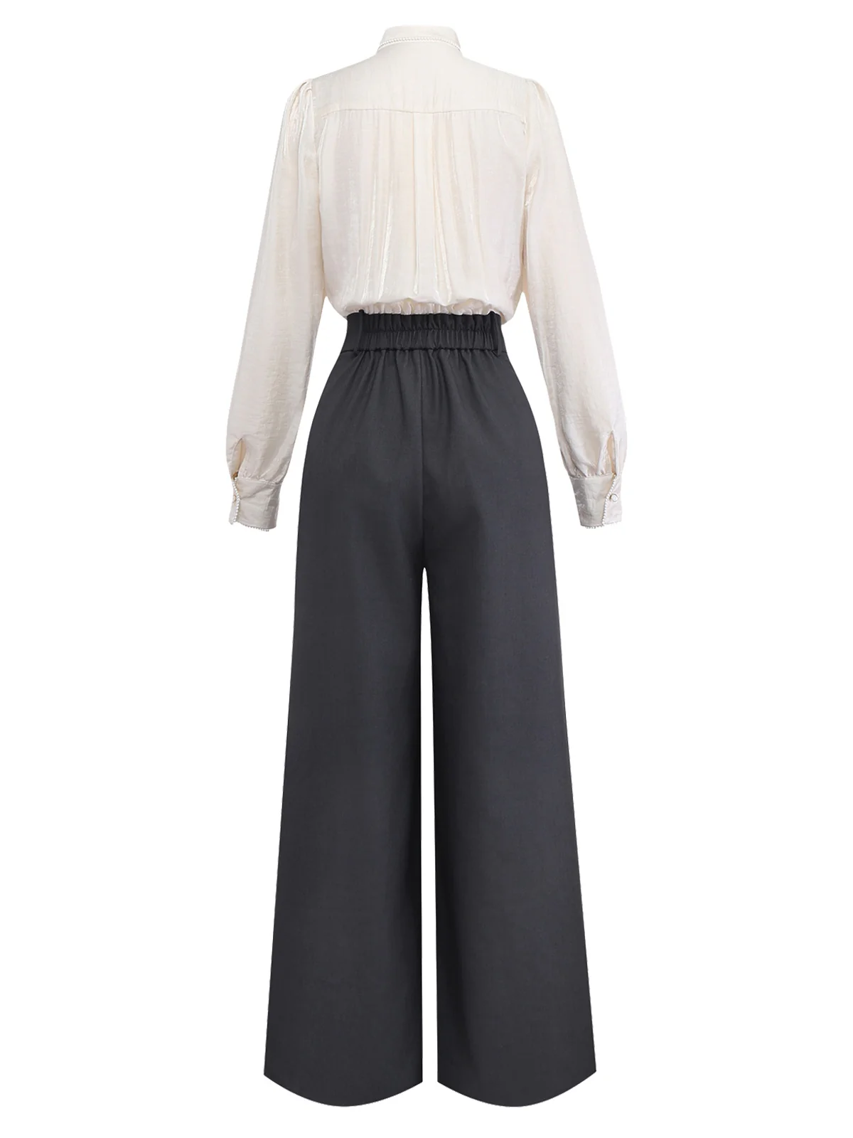 Beige 1950s Pearl Trimmed Bow Tie-Neck Jumpsuit - Image 4