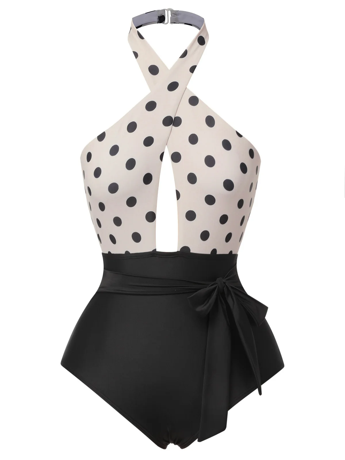Beige 1950s Polka Dot Halter One-Piece Swimsuit - Image 2