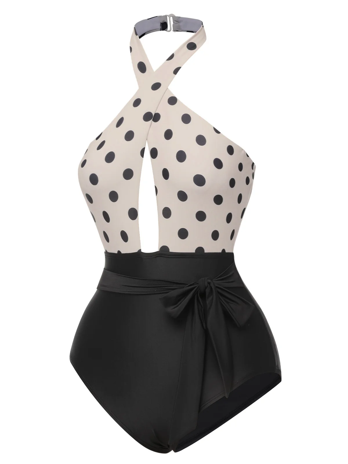 Beige 1950s Polka Dot Halter One-Piece Swimsuit - Image 3