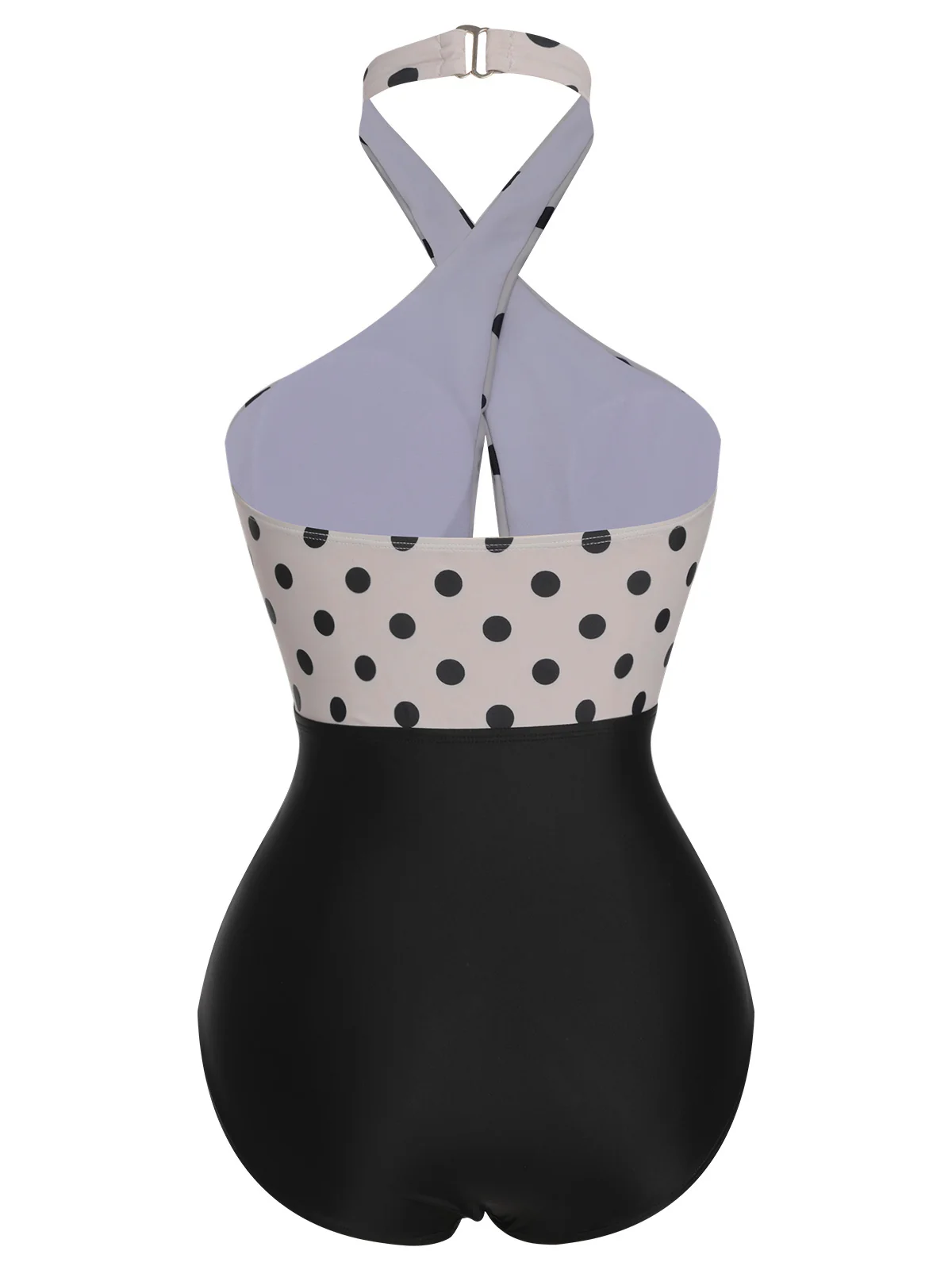 Beige 1950s Polka Dot Halter One-Piece Swimsuit - Image 4