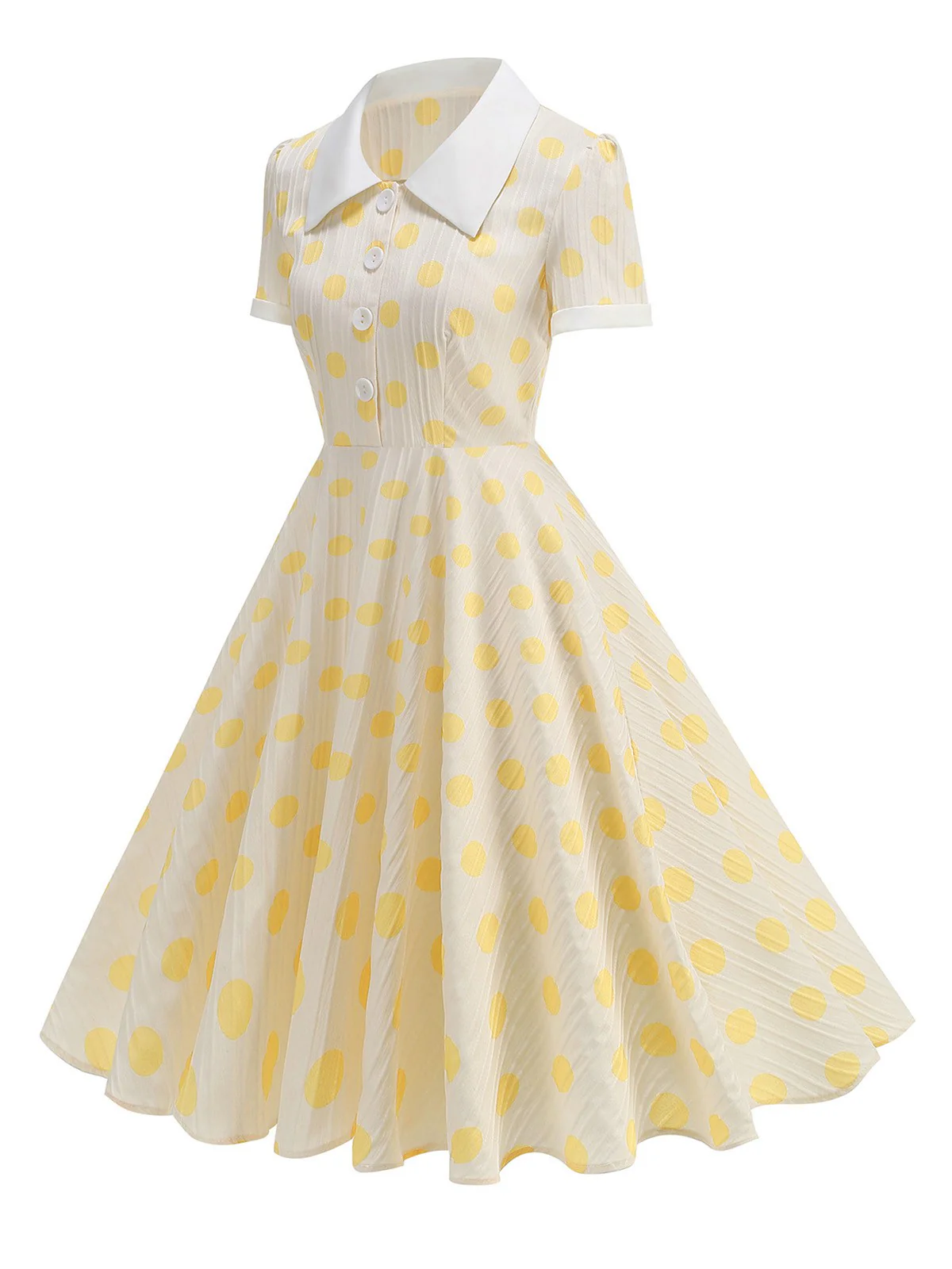Beige 1950s Polka Dots Lapel Buttons Dress - Image 2