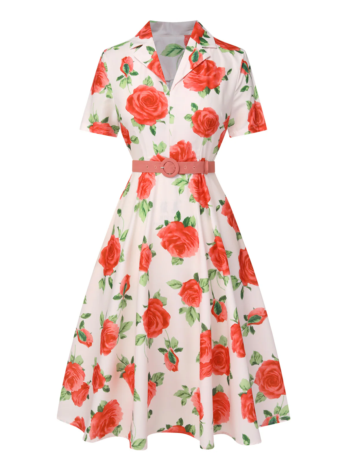 Beige 1950s Roses Lapel Dress With Belt - Image 2