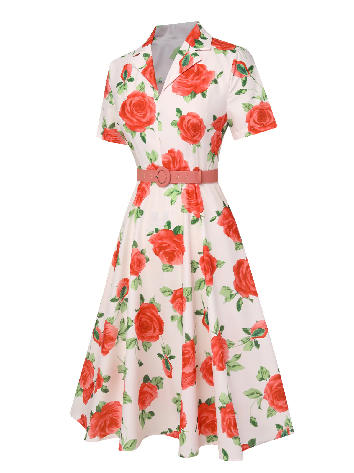 Beige 1950s Roses Lapel Dress With Belt - Image 3