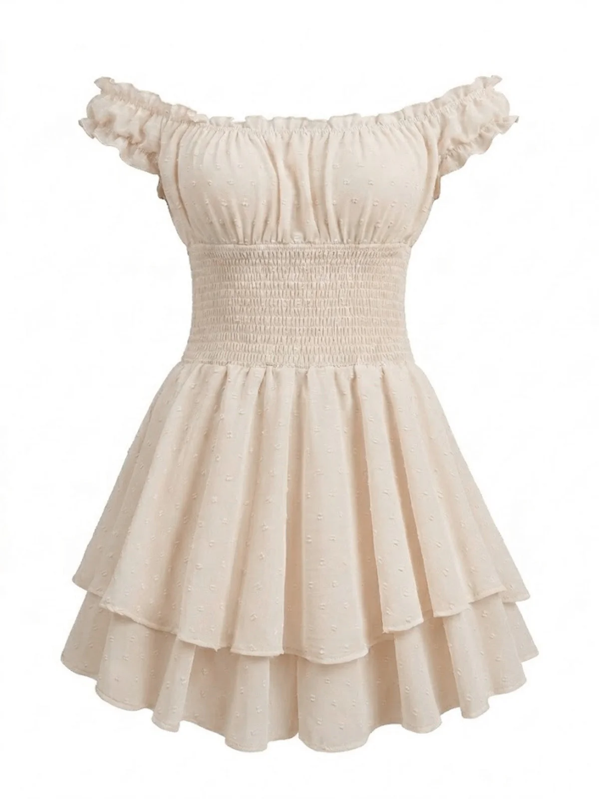 Beige 1950s Off-Shoulder Smocked Tiered Ruffle Romper - Image 2
