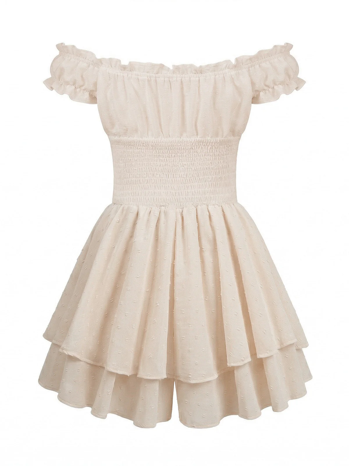 Beige 1950s Off-Shoulder Smocked Tiered Ruffle Romper - Image 3