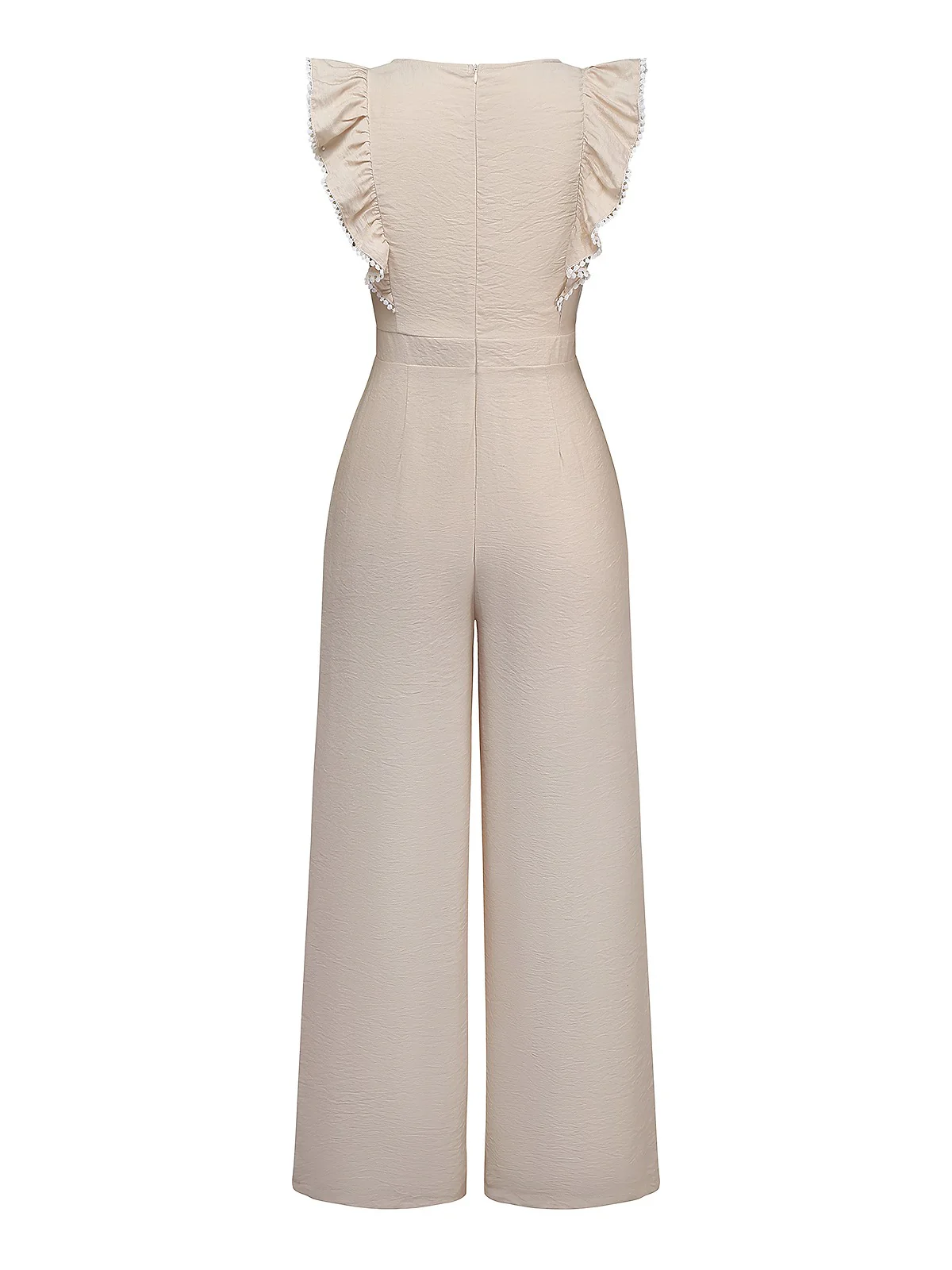 Beige 1950s Solid Ruffled Cap Sleeves Jumpsuit - Image 2