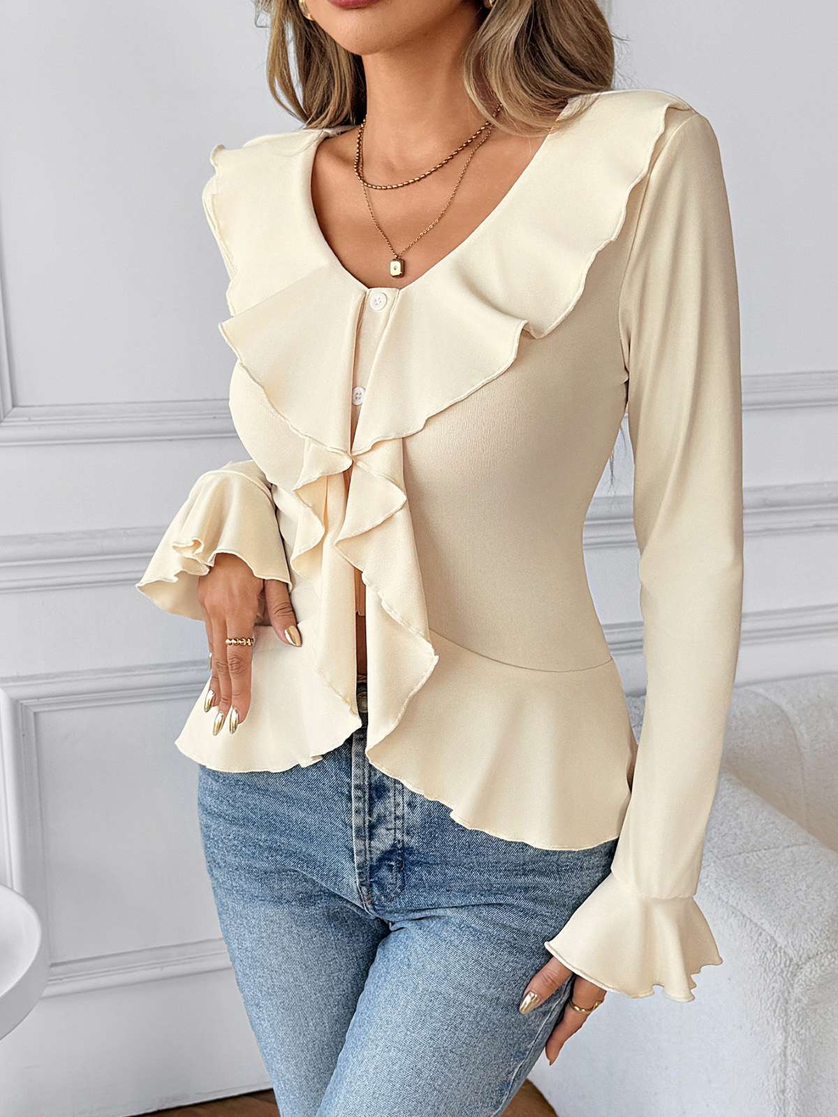 Beige 1950s Solid Ruffled Lapel Collar Top - Image 2