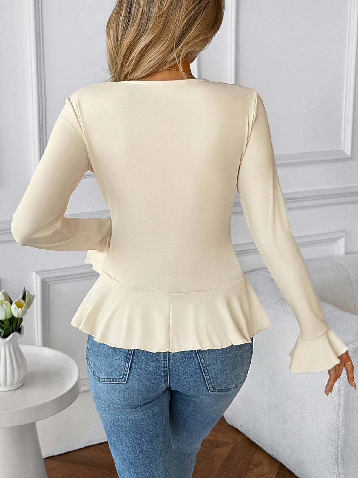 Beige 1950s Solid Ruffled Lapel Collar Top - Image 3