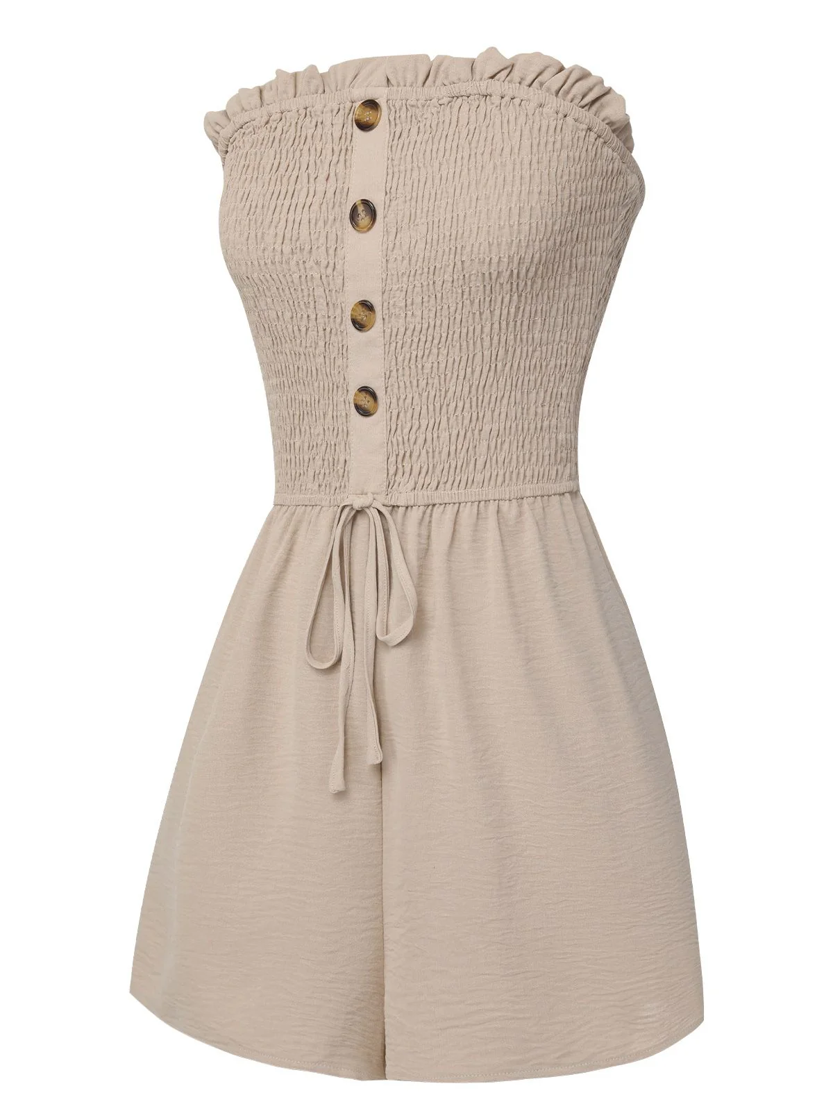 Beige 1950s Solid Smocking Strapless Romper - Image 2