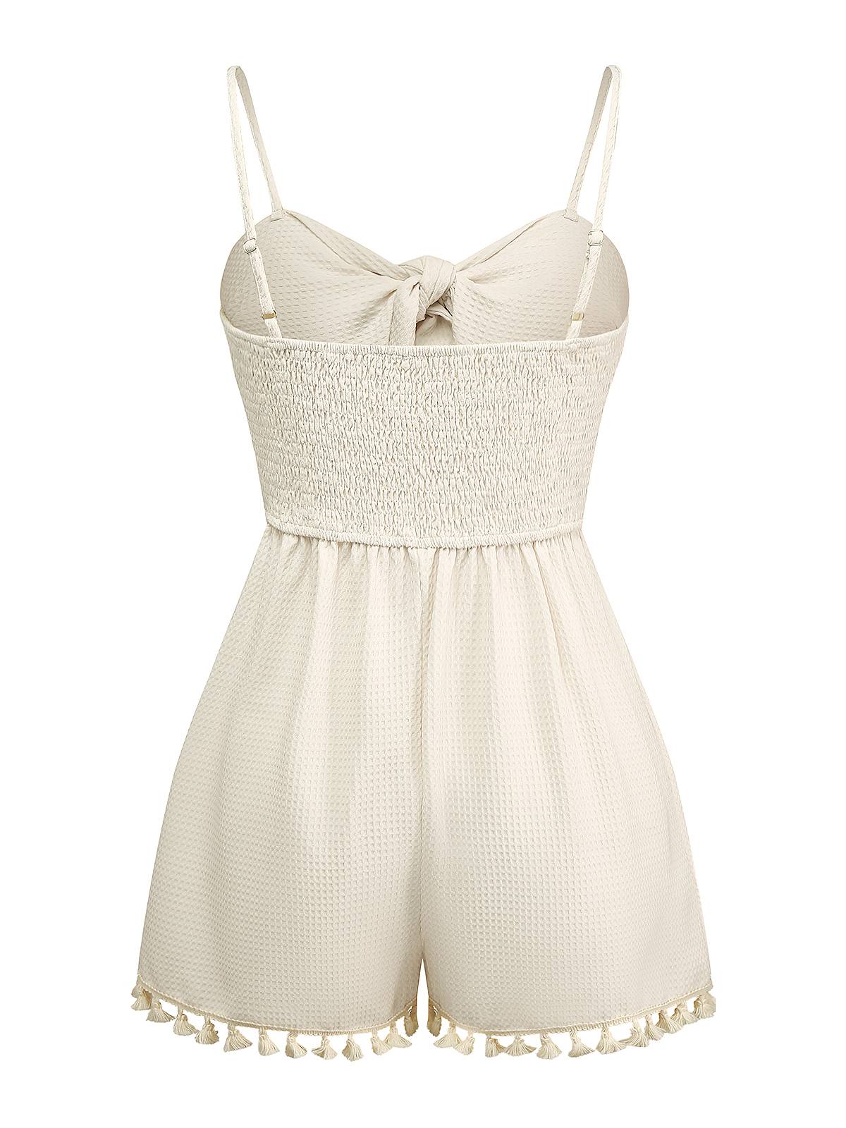 Beige 1950s Solid Spaghetti Straps Smocked Romper - Image 2