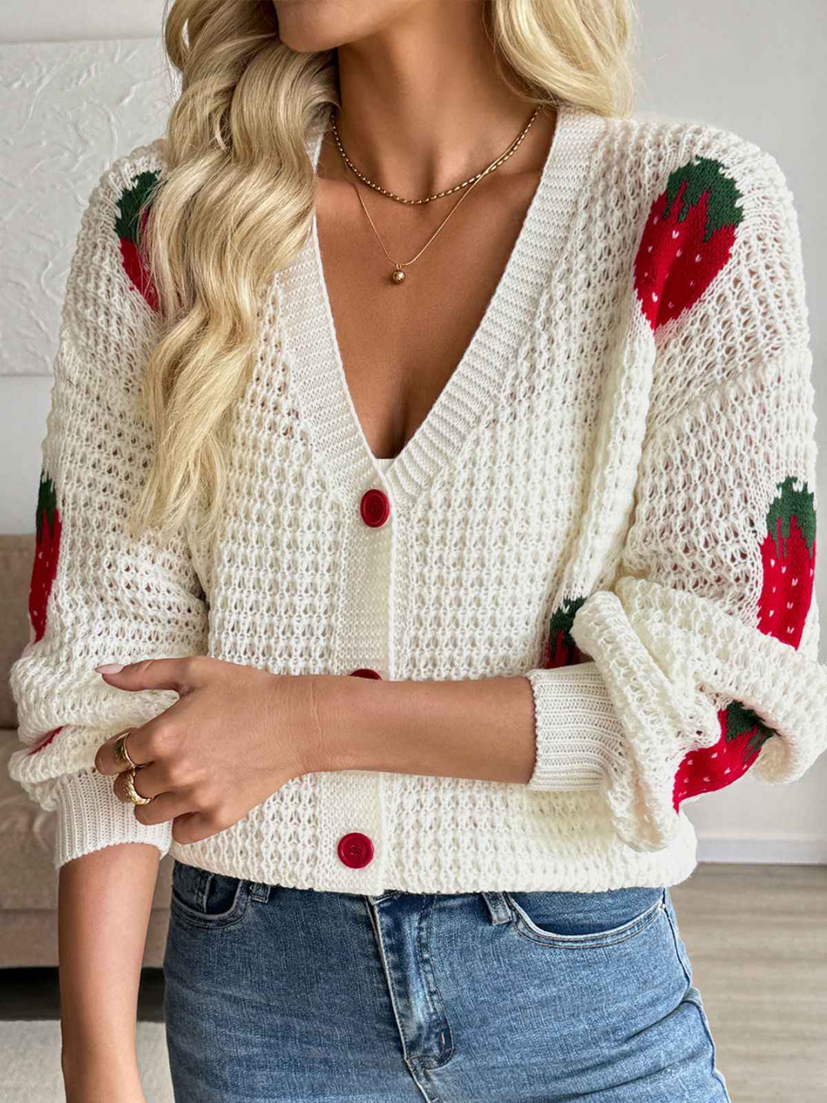 Beige 1950s Strawberry Drop Shoulder Knit Cardigan - Image 2