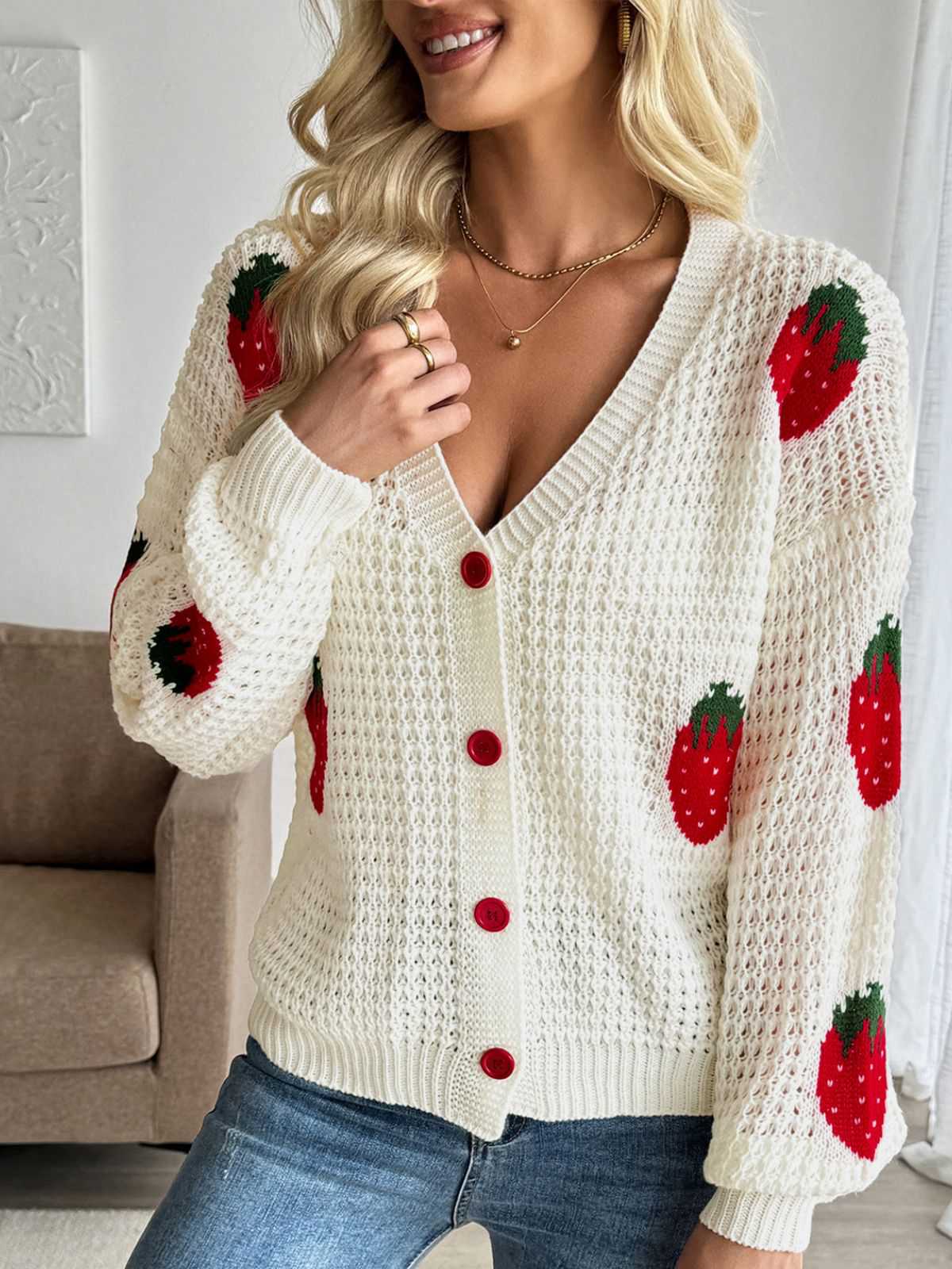 Beige 1950s Strawberry Drop Shoulder Knit Cardigan - Image 3