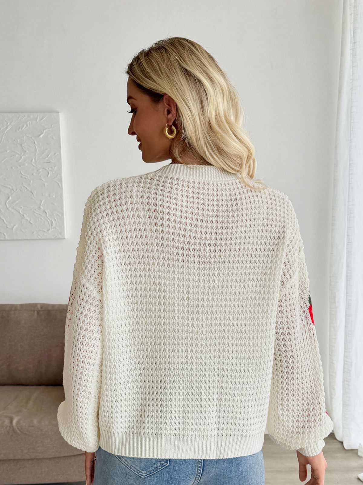Beige 1950s Strawberry Drop Shoulder Knit Cardigan - Image 4