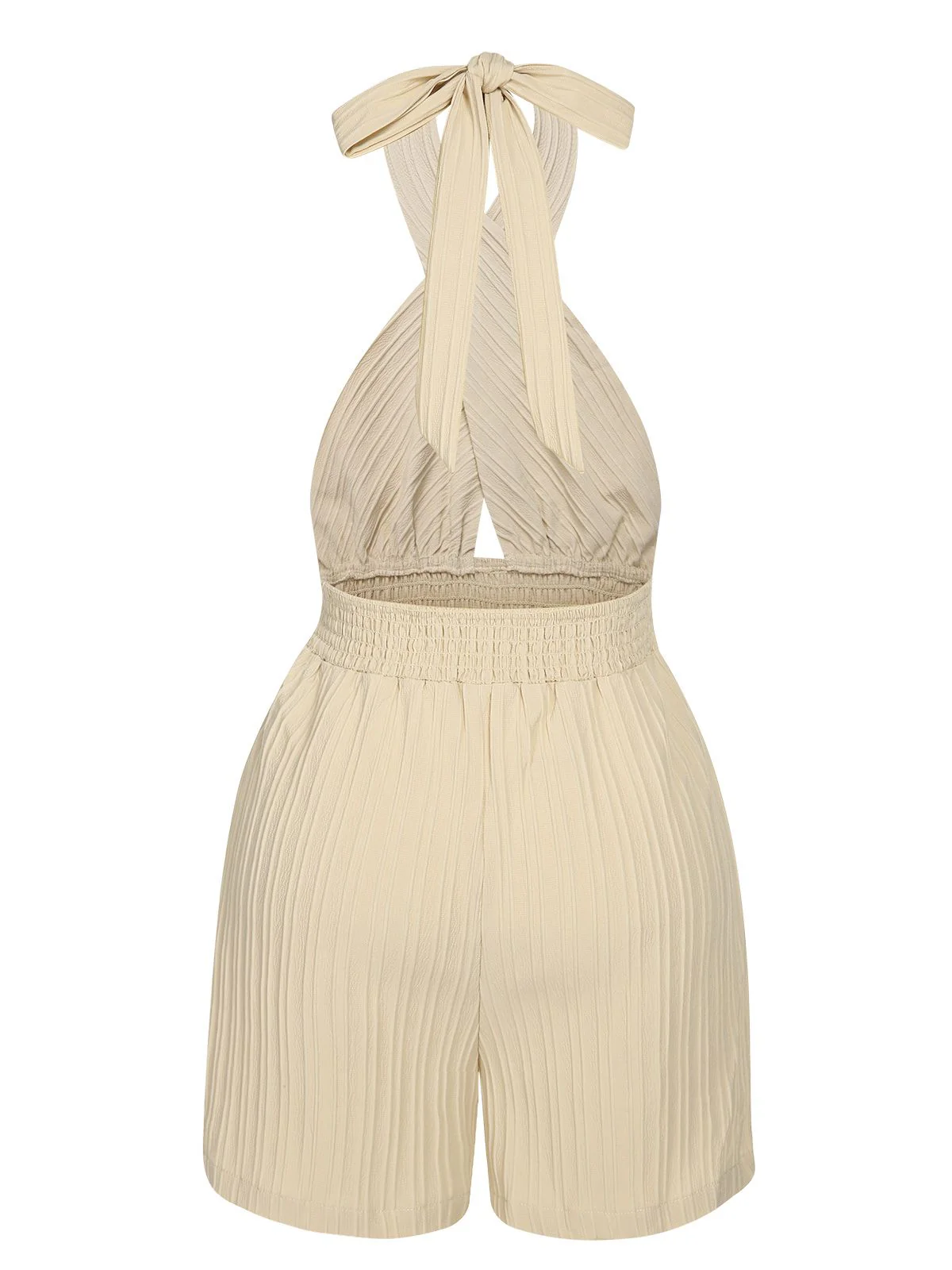 Beige 1950s Texture Folds Cross Halter Romper - Image 2