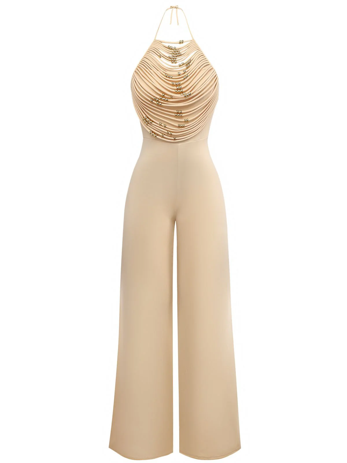 Beige 1960s Beaded Ruched Backless Wide-Leg Jumpsuit - Image 2