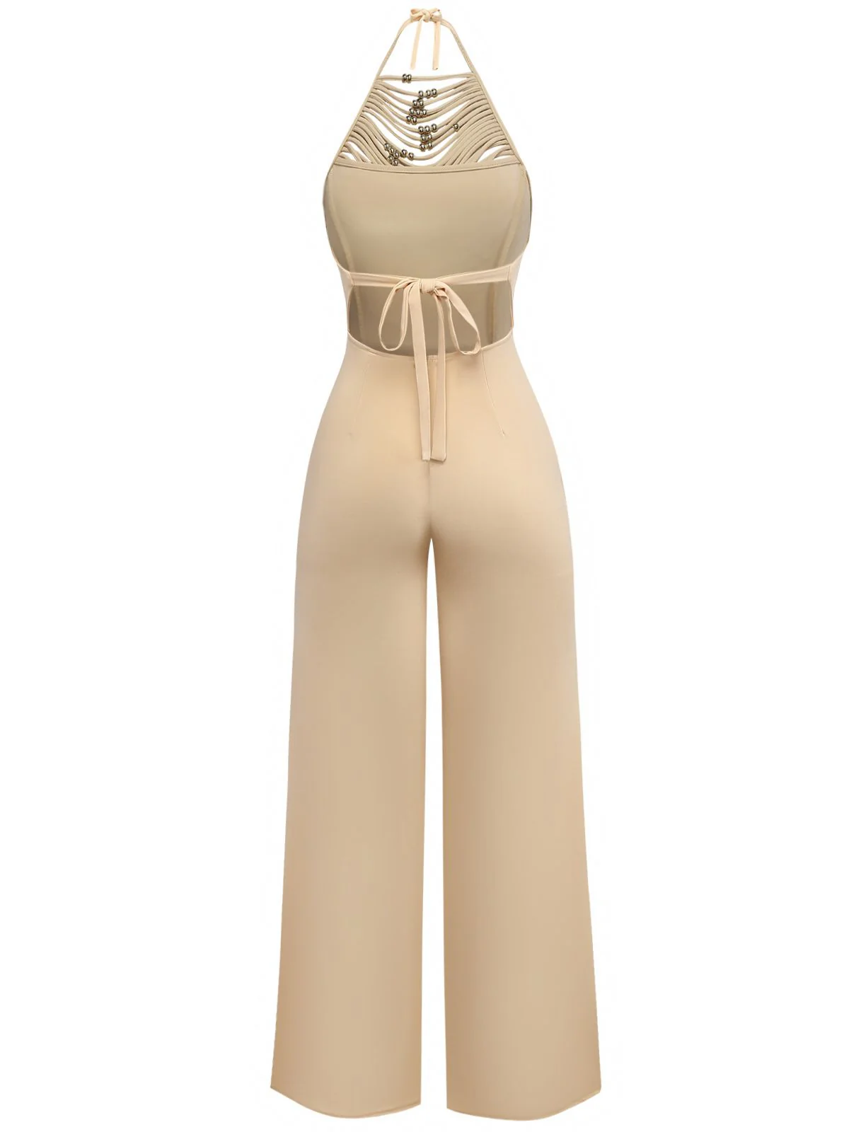 Beige 1960s Beaded Ruched Backless Wide-Leg Jumpsuit - Image 3