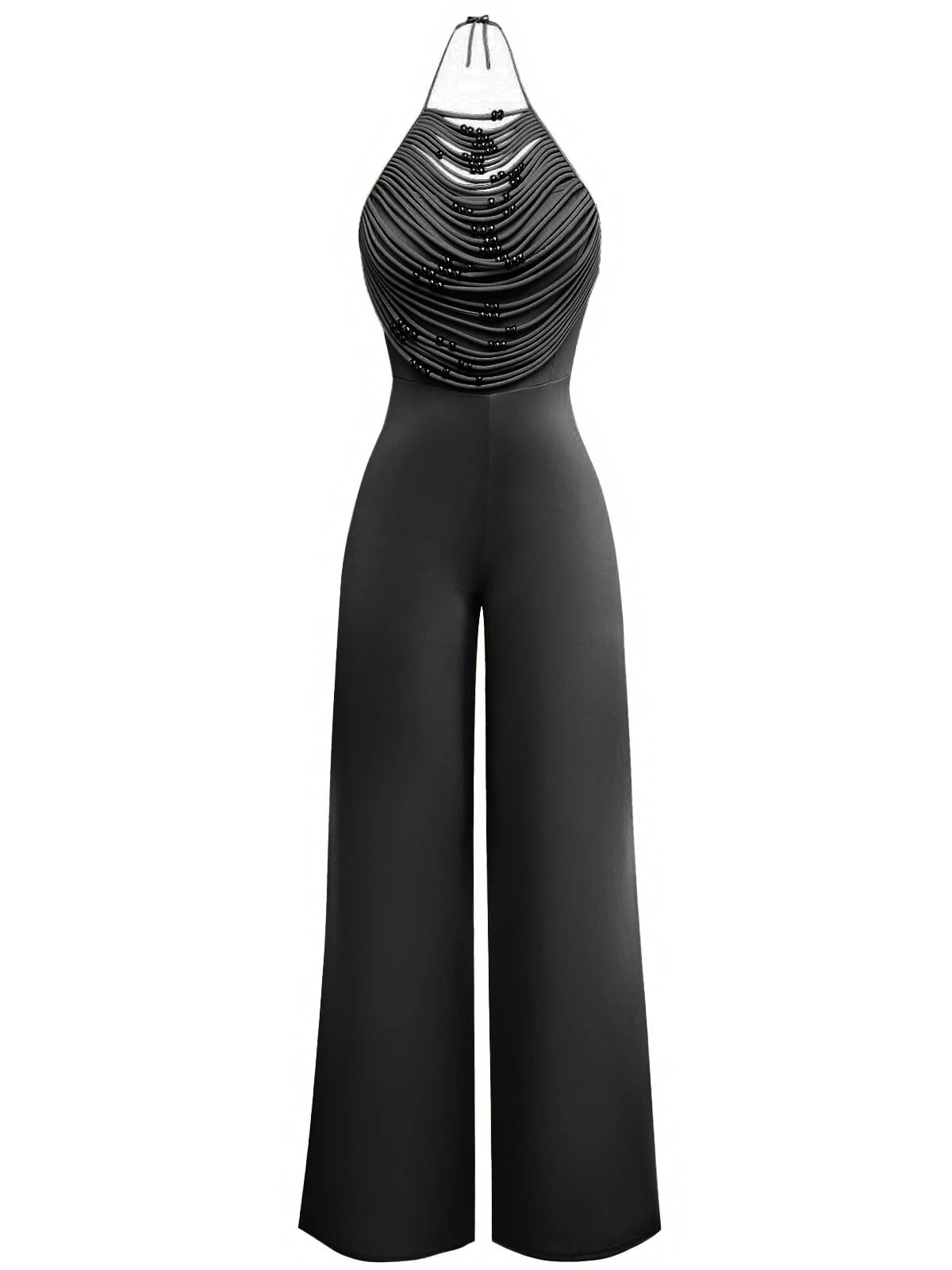 Beige 1960s Beaded Ruched Backless Wide-Leg Jumpsuit - Image 7